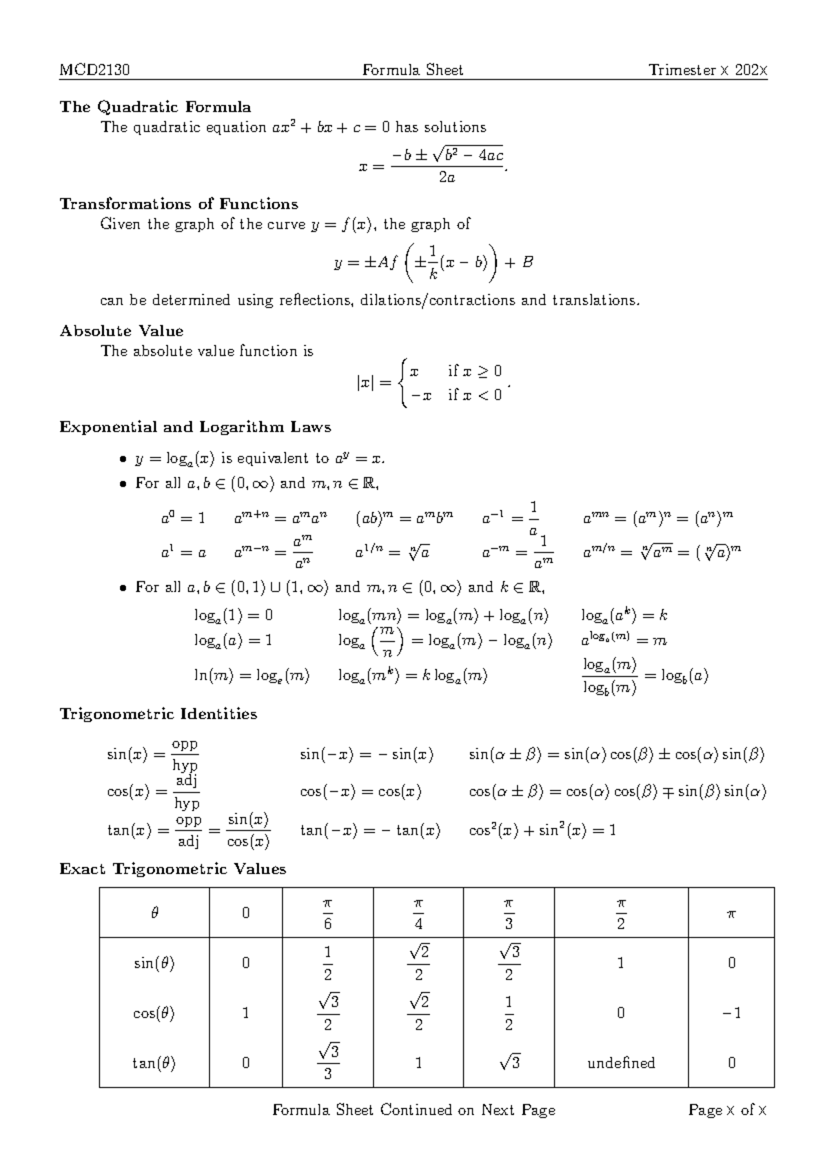 MCD2130 Formula Sheet Final Exam - The Quadratic Formula The quadratic ...