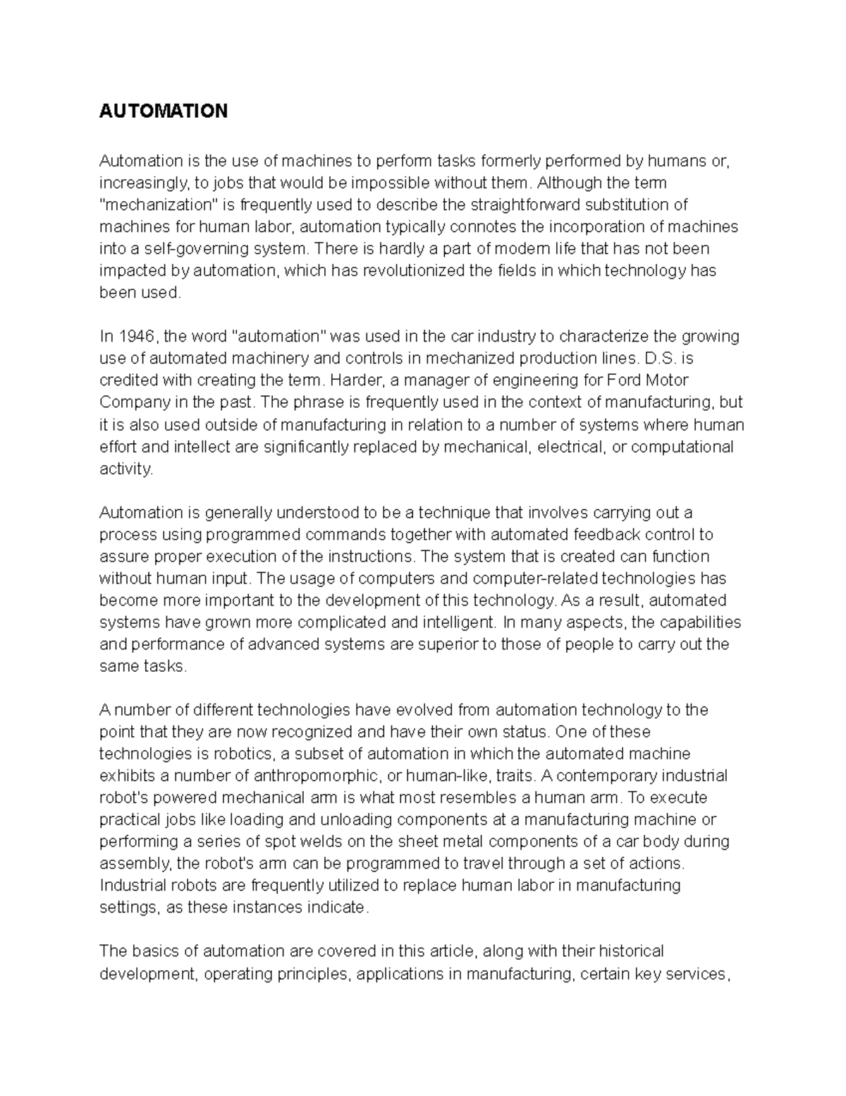 Automation Technology AUTOMATION Automation is the use of machines to