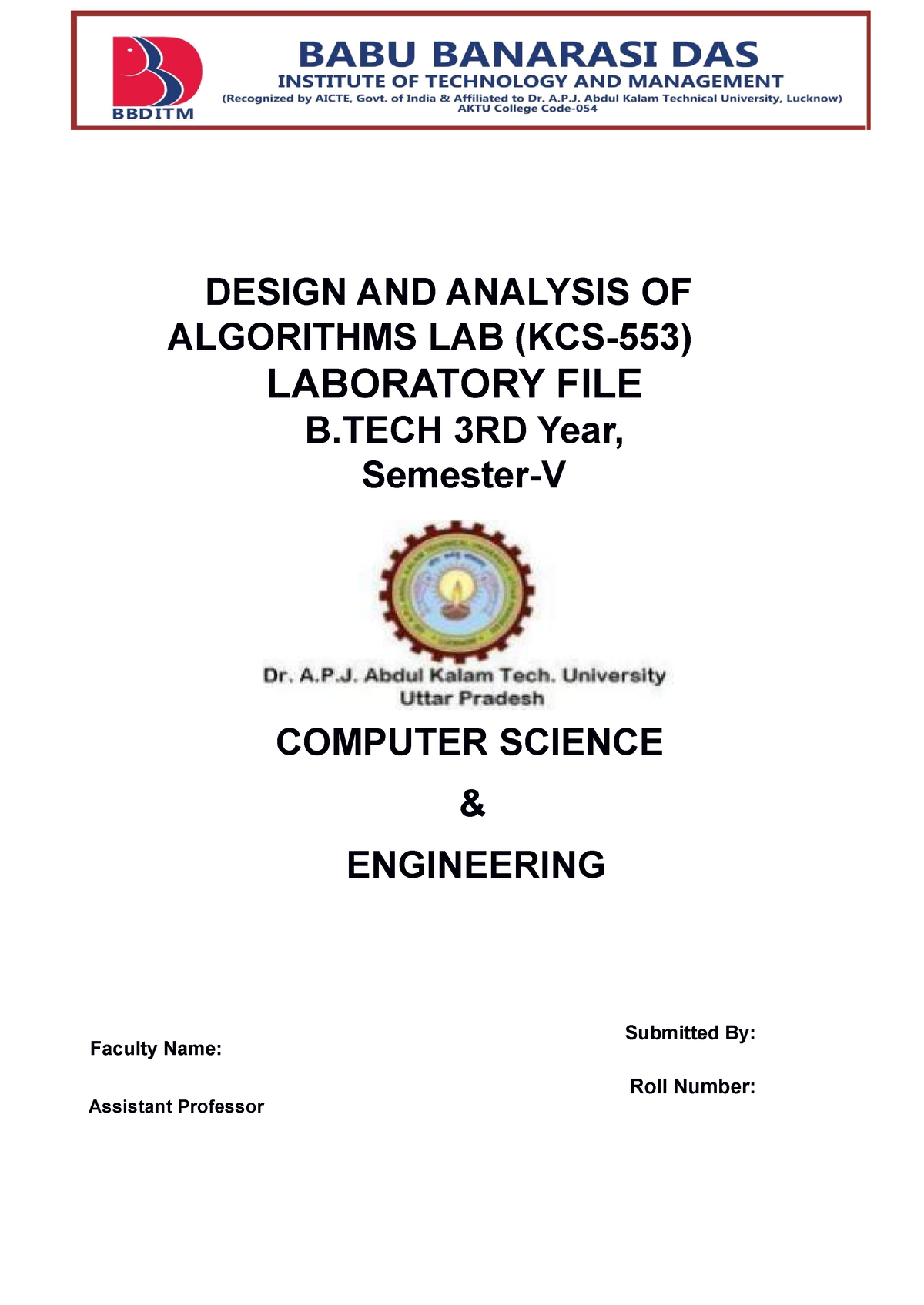 DAA LAB FILE Front Pages - DESIGN AND ANALYSIS OF ALGORITHMS LAB (KCS ...