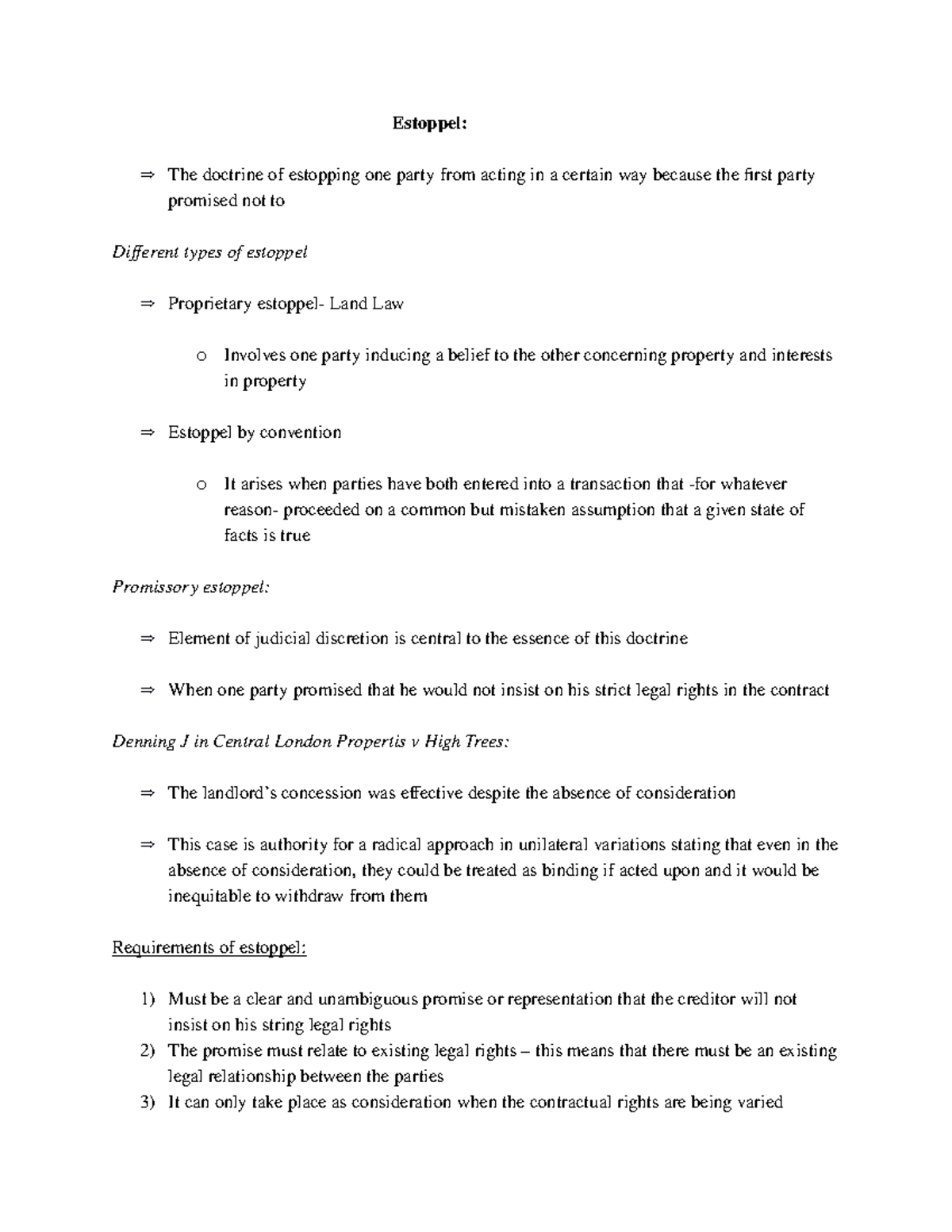 Estoppel - Lec notes - Estoppel: The doctrine of estopping one party ...
