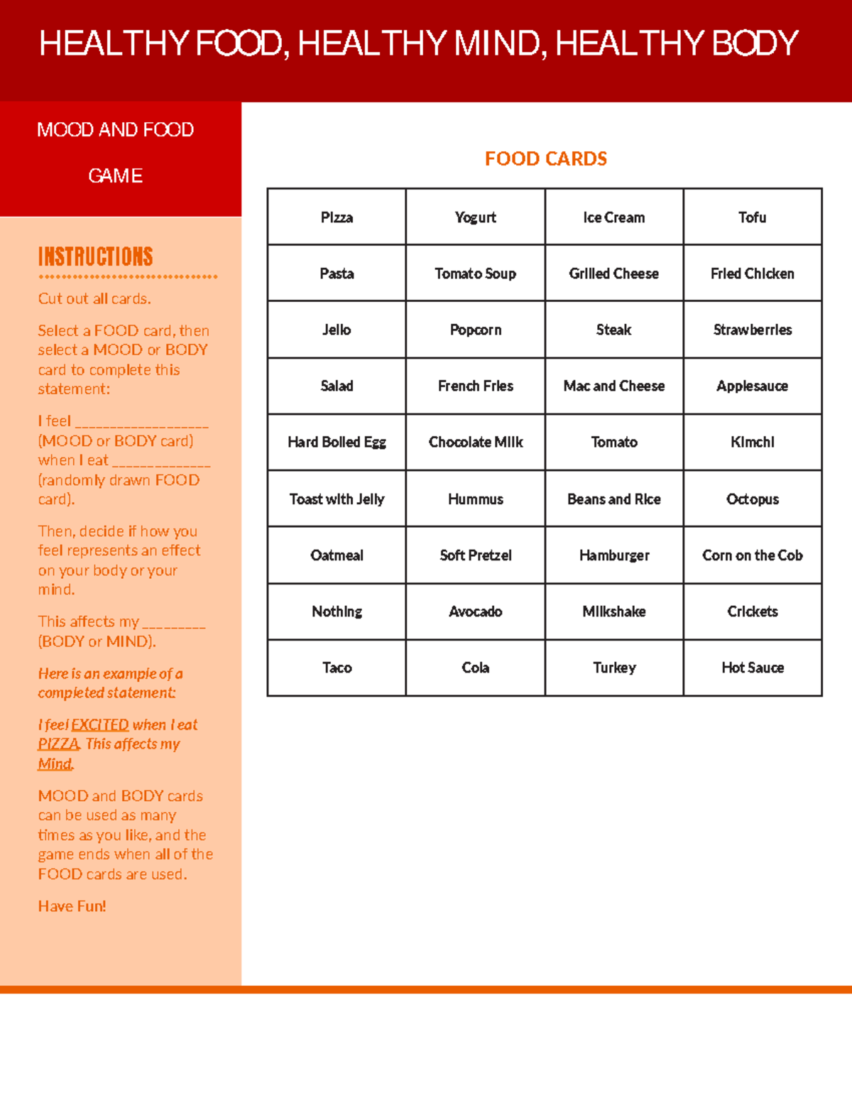 Mood and Food Game - Additional materials. - FOOD CARDS Pizza Yogurt ...
