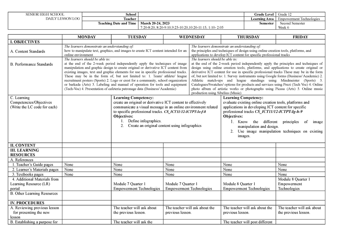 Quarter 1 Week 6 - E- Tech - SENIOR HIGH SCHOOL DAILY LESSON LOG School ...