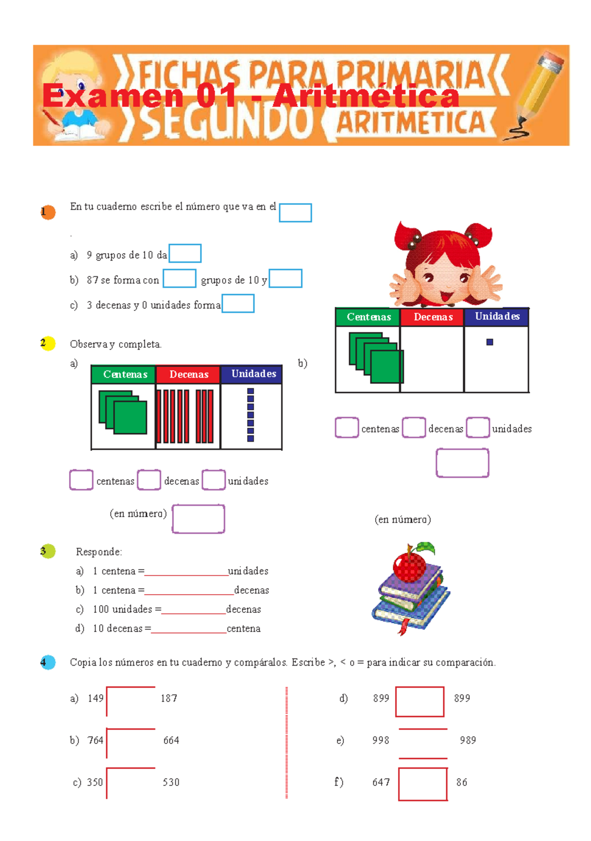 Examen 01 de Aritmética para Segundo de Primaria - Examen 01 ...