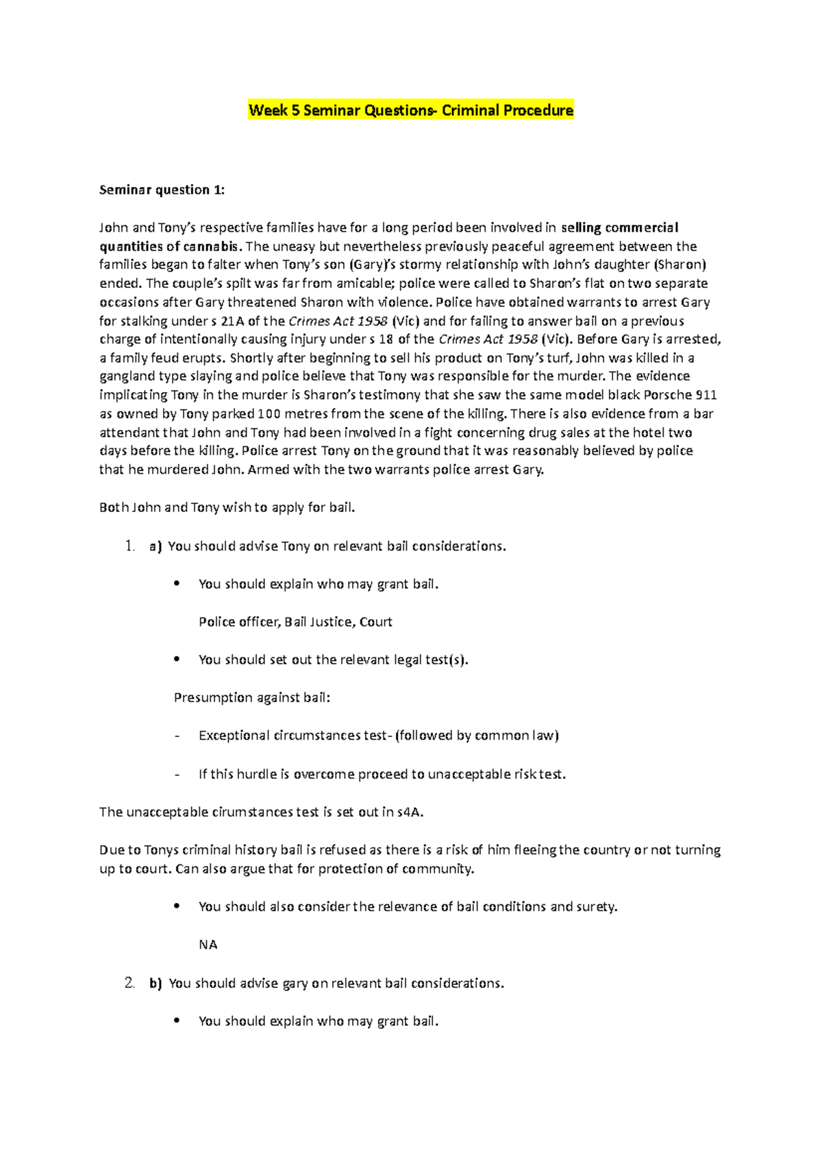 Week 5 Seminar Questions - Week 5 Seminar Questions- Criminal Procedure ...