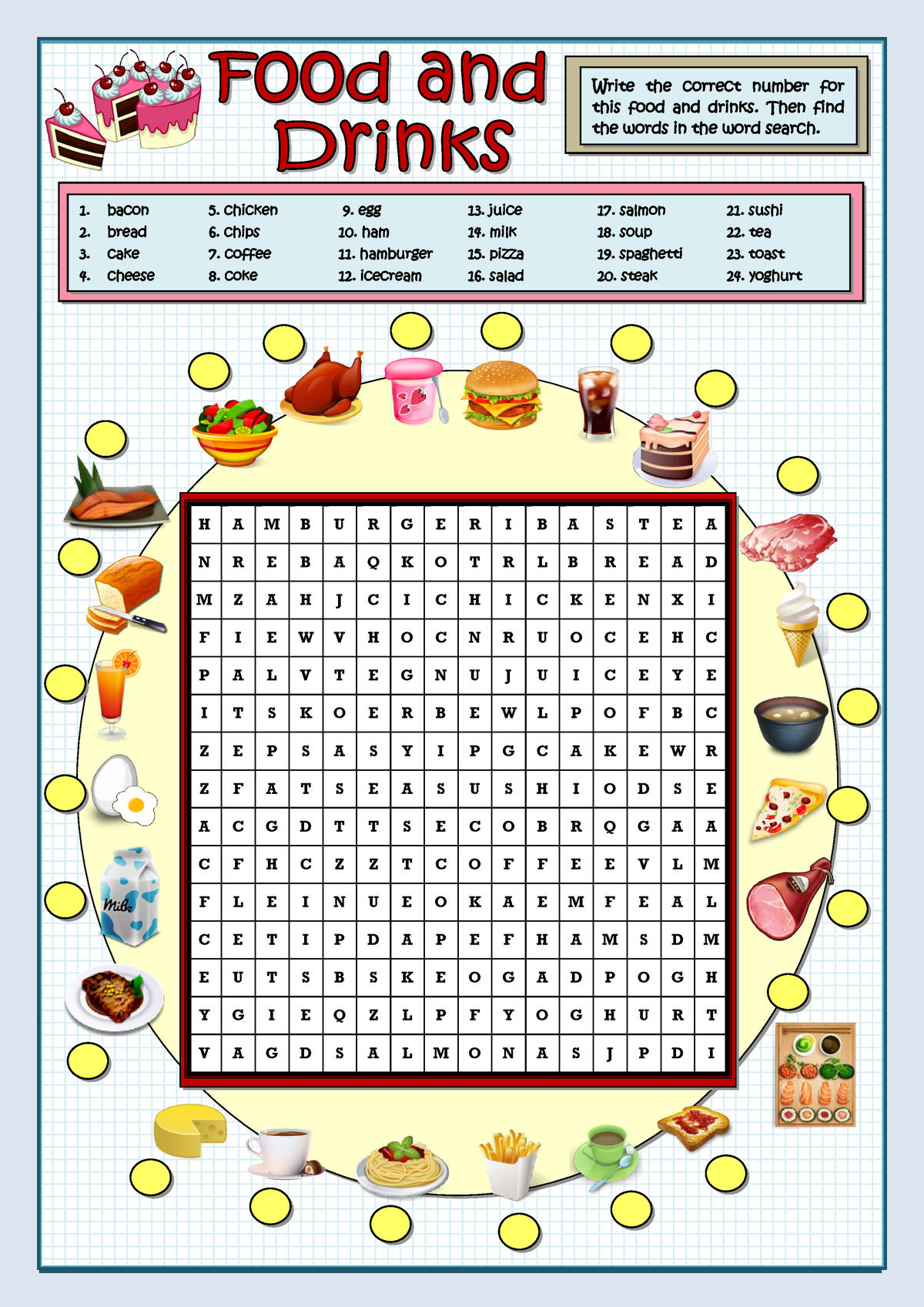 Food And Drinks Find The Food Words In The Word Search Resuelto