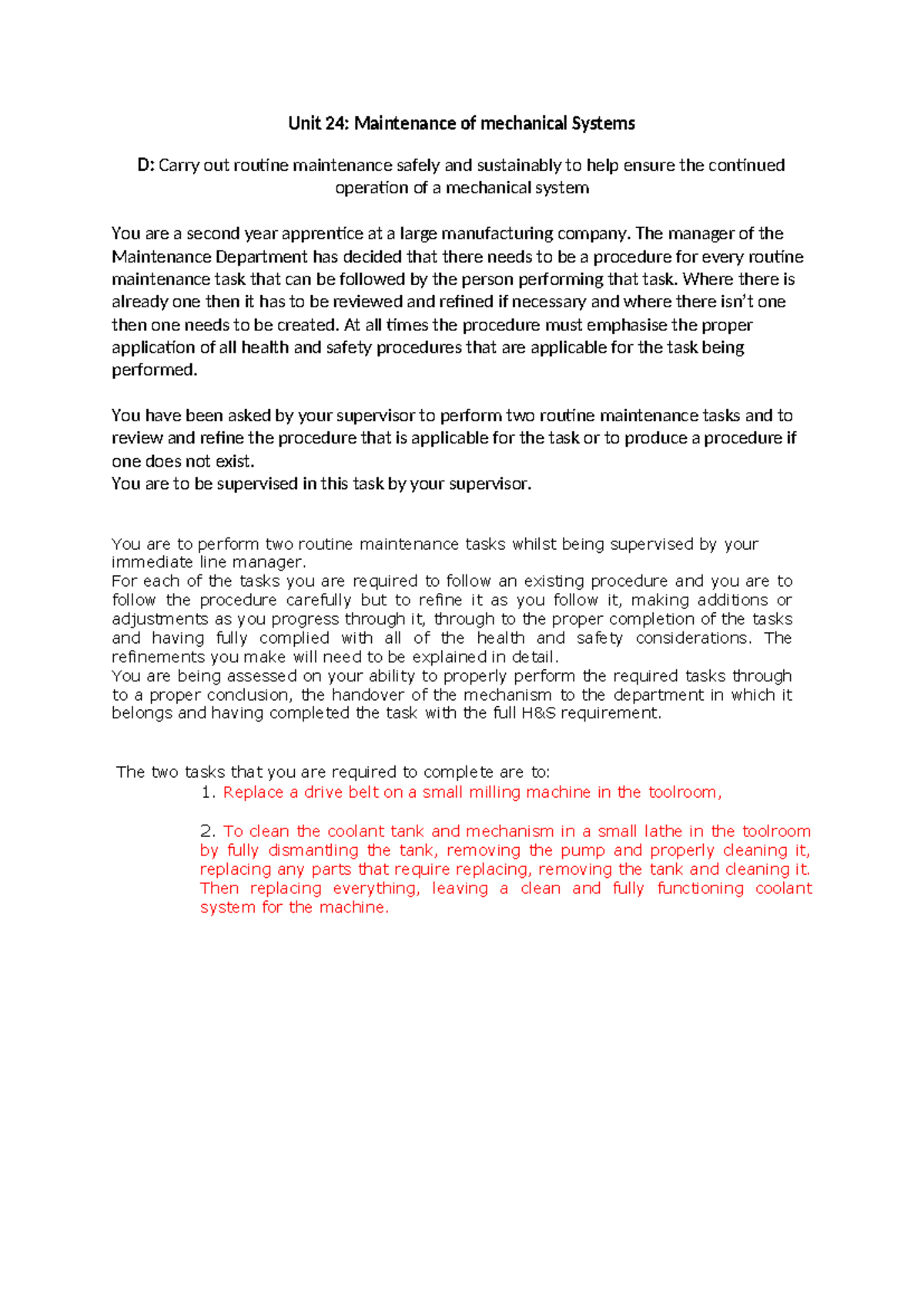 Unit 24 Assignment 3a - Document - Unit 24: Maintenance of mechanical ...