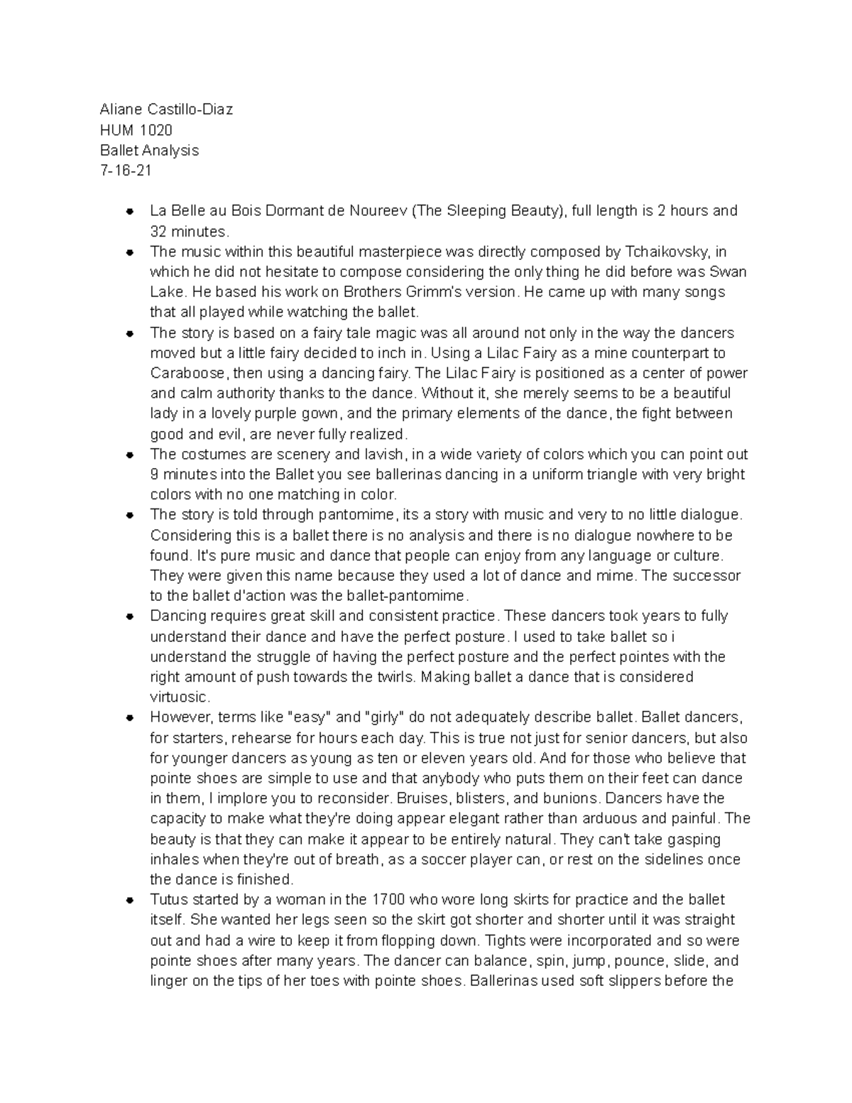 Ballet Analysis HUM Aliane CastilloDiaz HUM 1020 Ballet Analysis 7