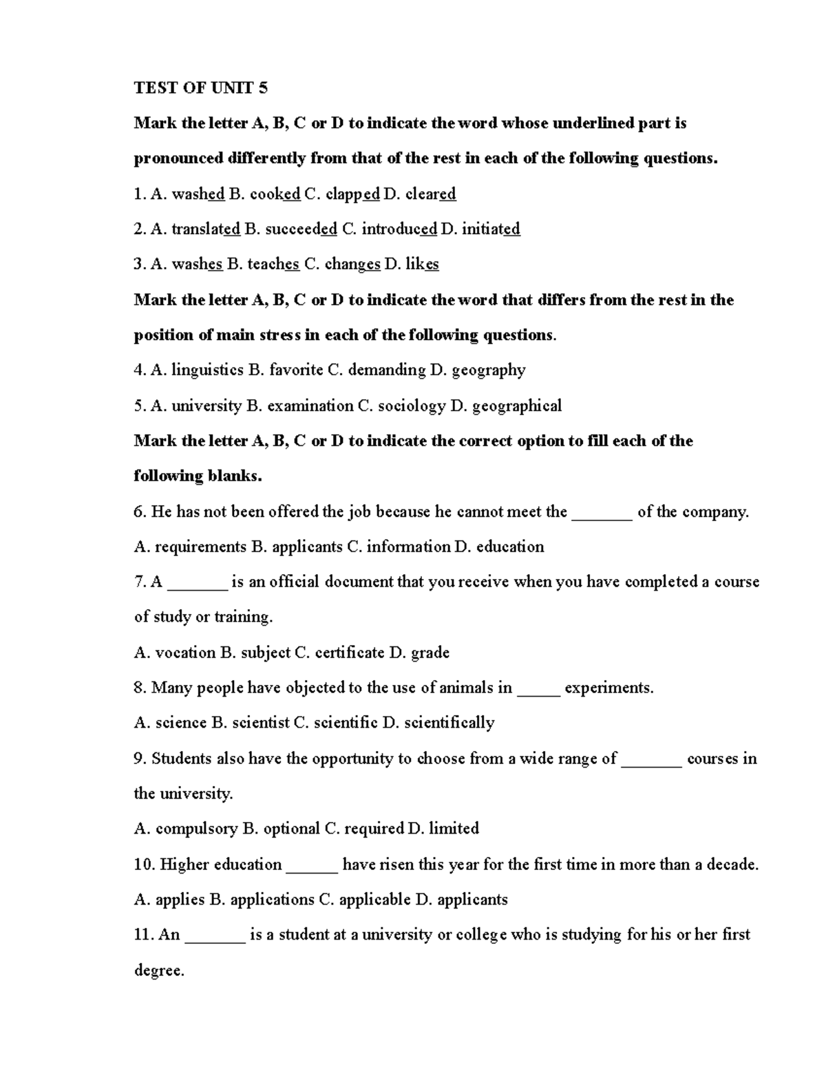 TEST OF UNIT 5 - azxsccccccccccc - TEST OF UNIT 5 Mark the letter A, B ...
