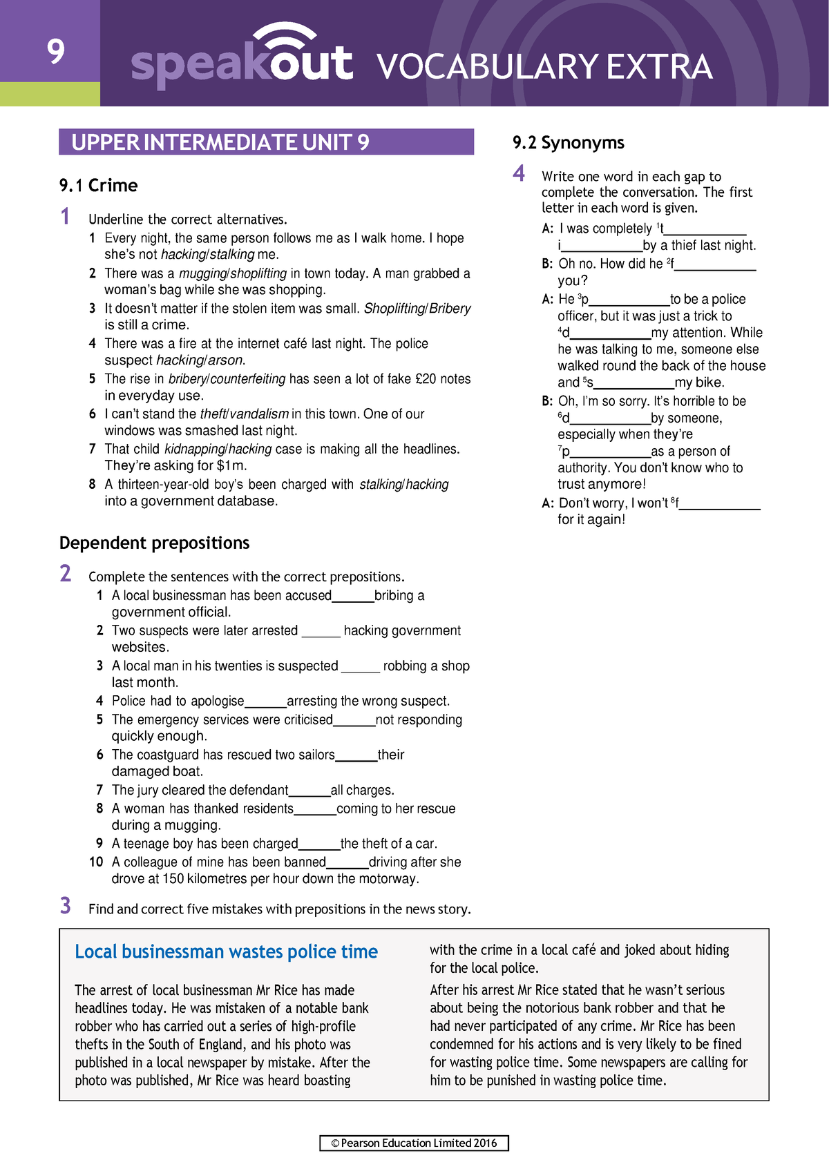 Speakout Vocabulary Extra Upper Intermediate Unit 9 Page 1 9 Vocabulary Extra © Pearson 