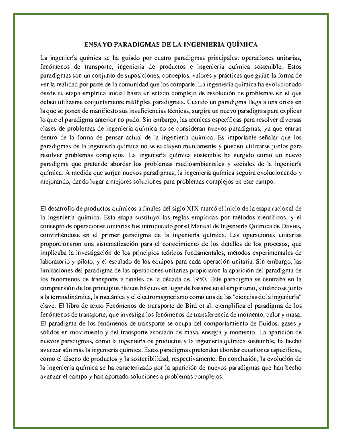 Ensayo Paradigmas DE LA Ingenieria Quimica ENSAYO PARADIGMAS DE LA INGENIERIA QUÍMICA La Studocu