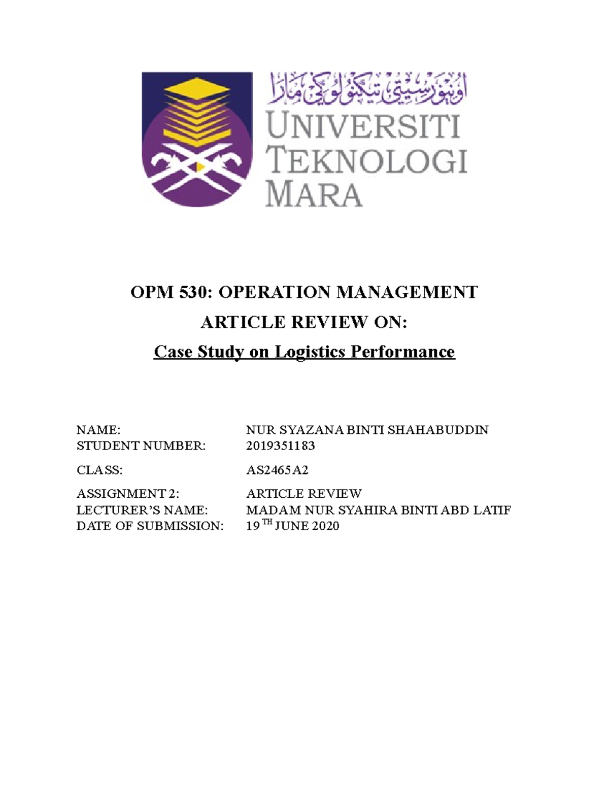 Article Review OPM - OPM 530: OPERATION MANAGEMENT ARTICLE REVIEW ON ...