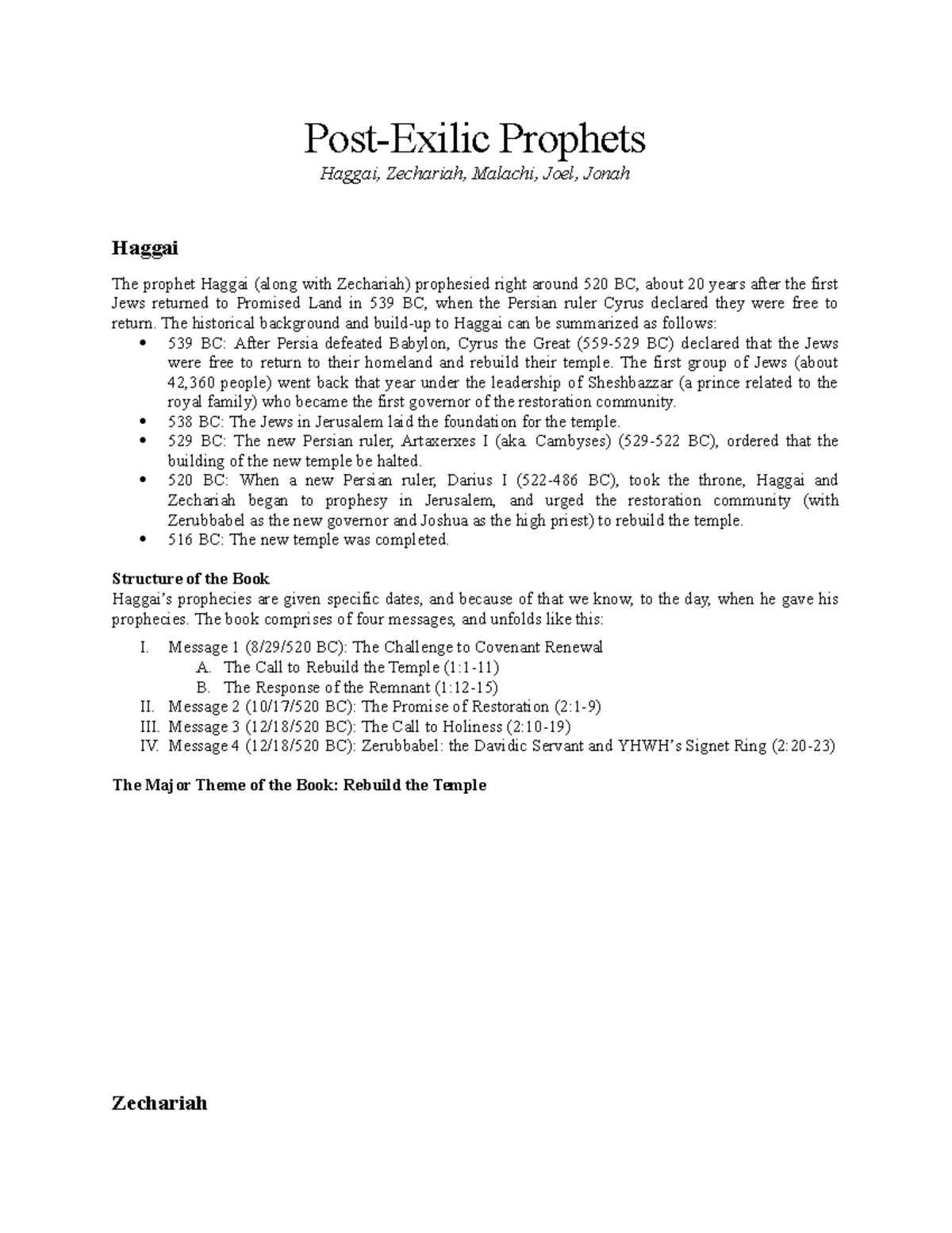 Chapter 20PostExilic Prophecy PostExilic Prophets Haggai, Zechariah, Malachi, Joel, Jonah
