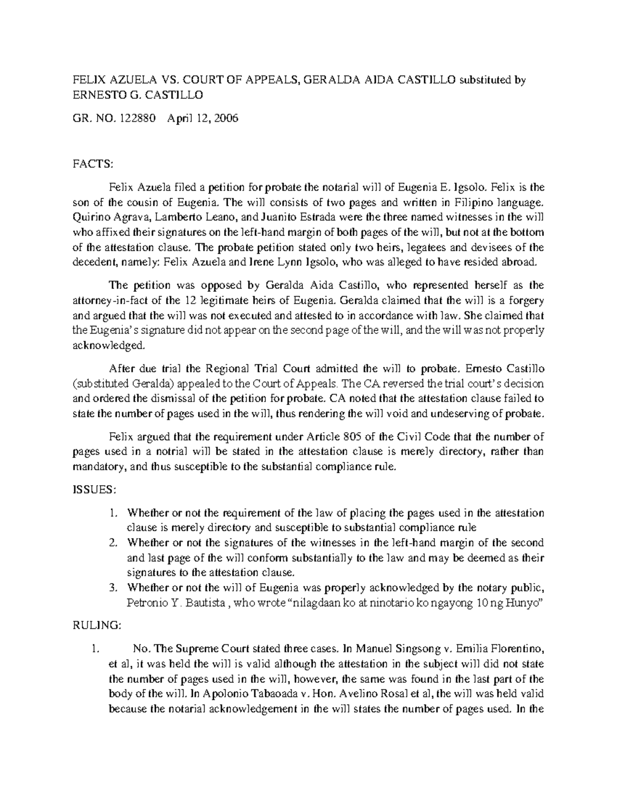 Azuela vs CA case in succession - FELIX AZUELA VS. COURT OF APPEALS ...