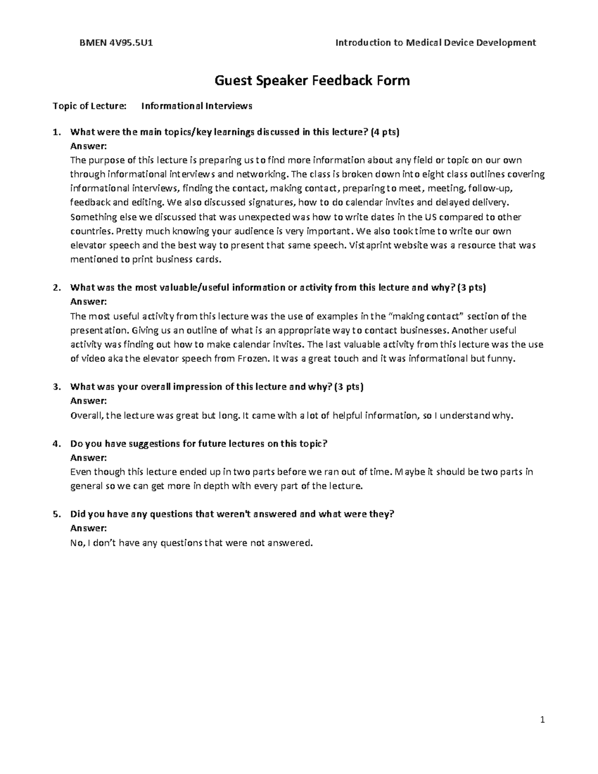 BMEN 4V95 Guest Speaker Feedback Form 5 BMEN 4V95 Introduction to