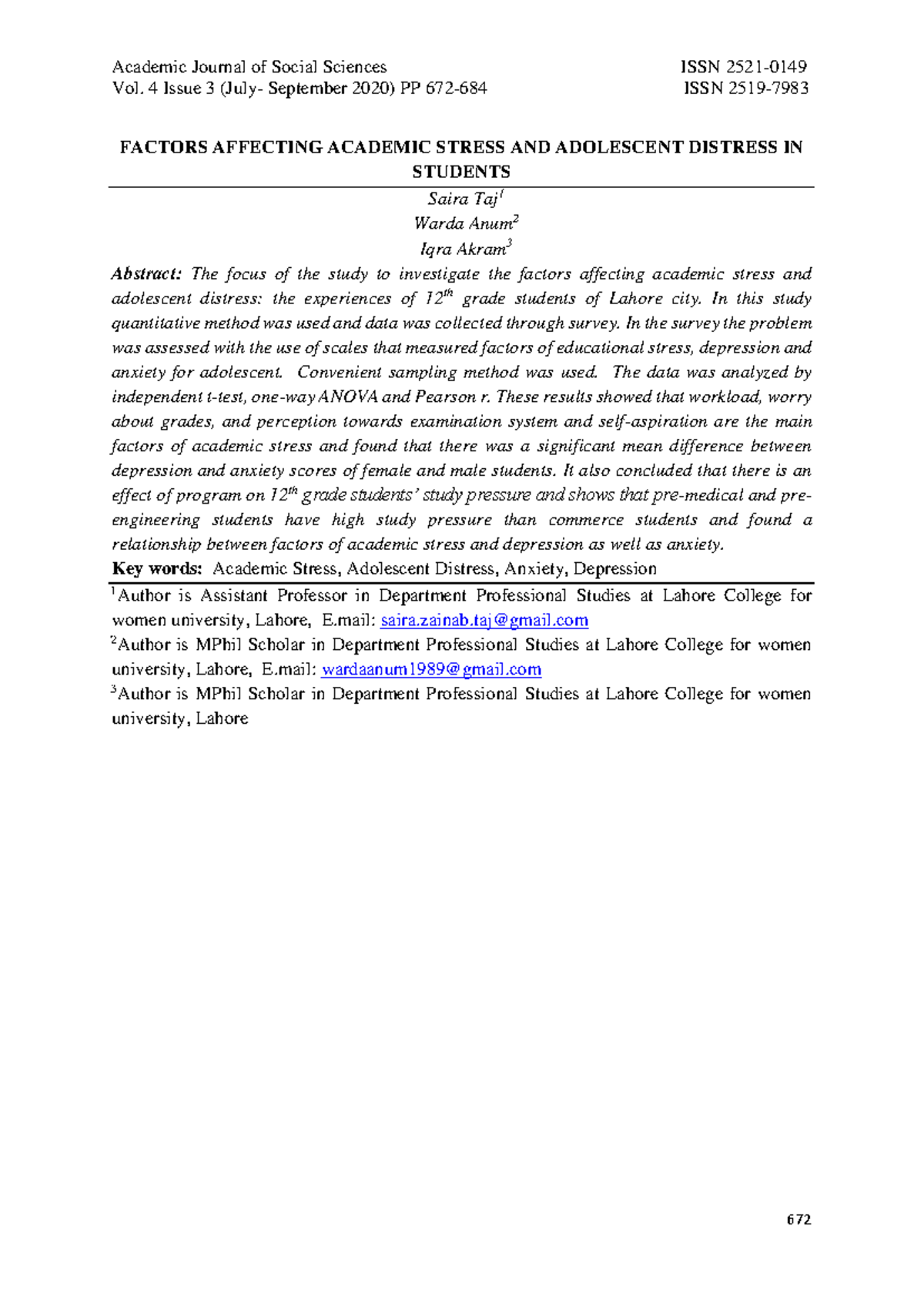 Factors Affecting Academic Stress and Ad - Academic Journal of Social ...