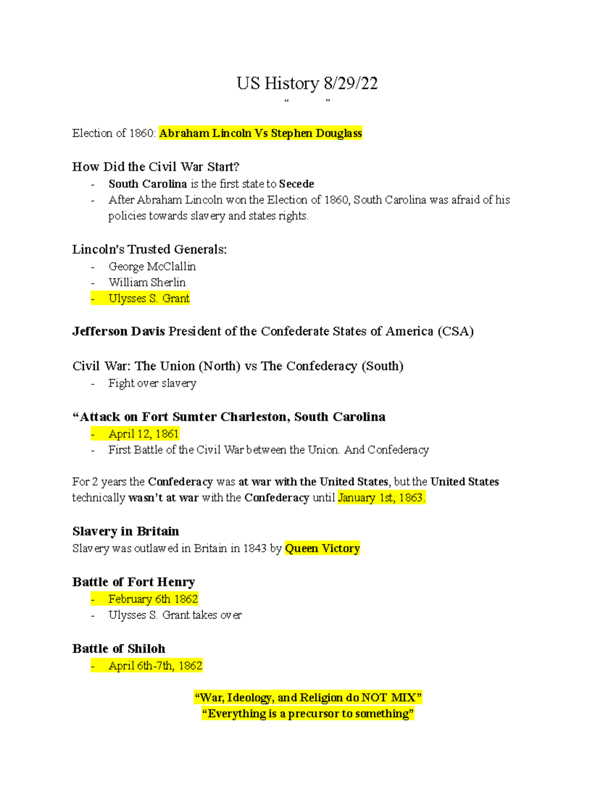 Copy of US History Inclass Lecture Notes US History 8/29