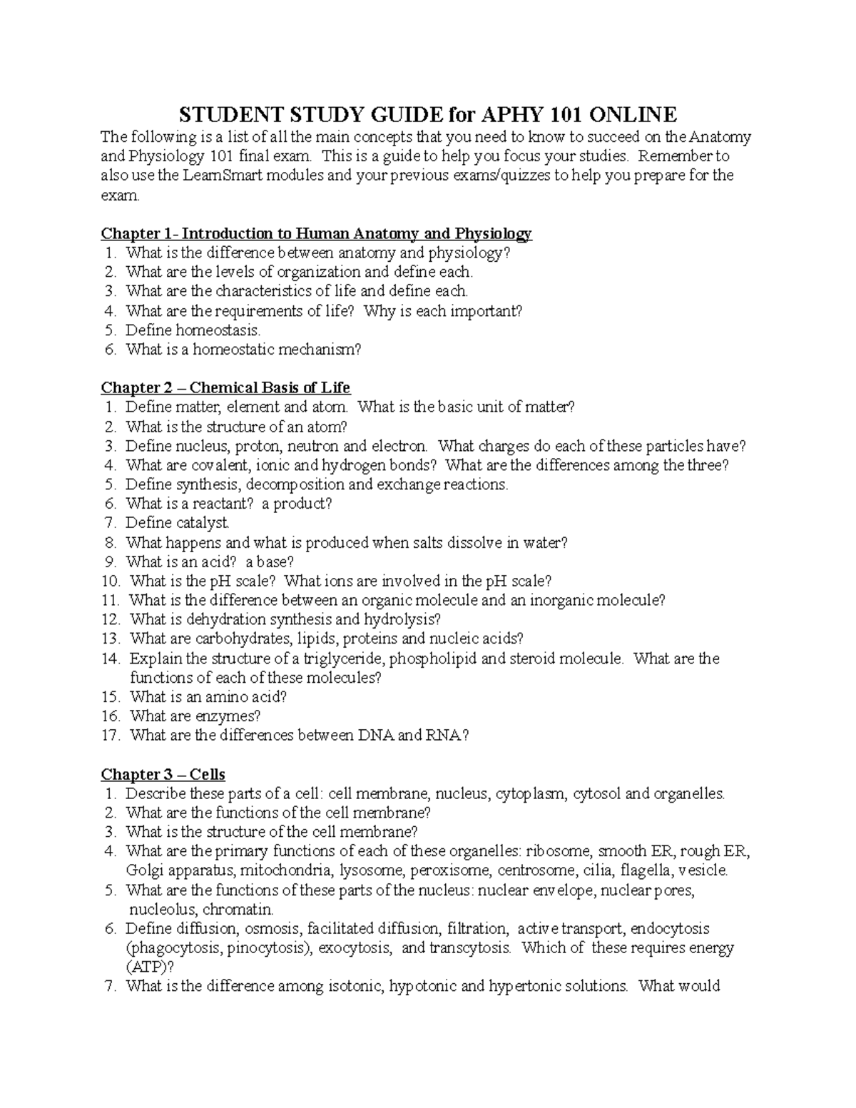 APHY101 Student Study Guide Final Exam - STUDENT STUDY GUIDE For APHY ...