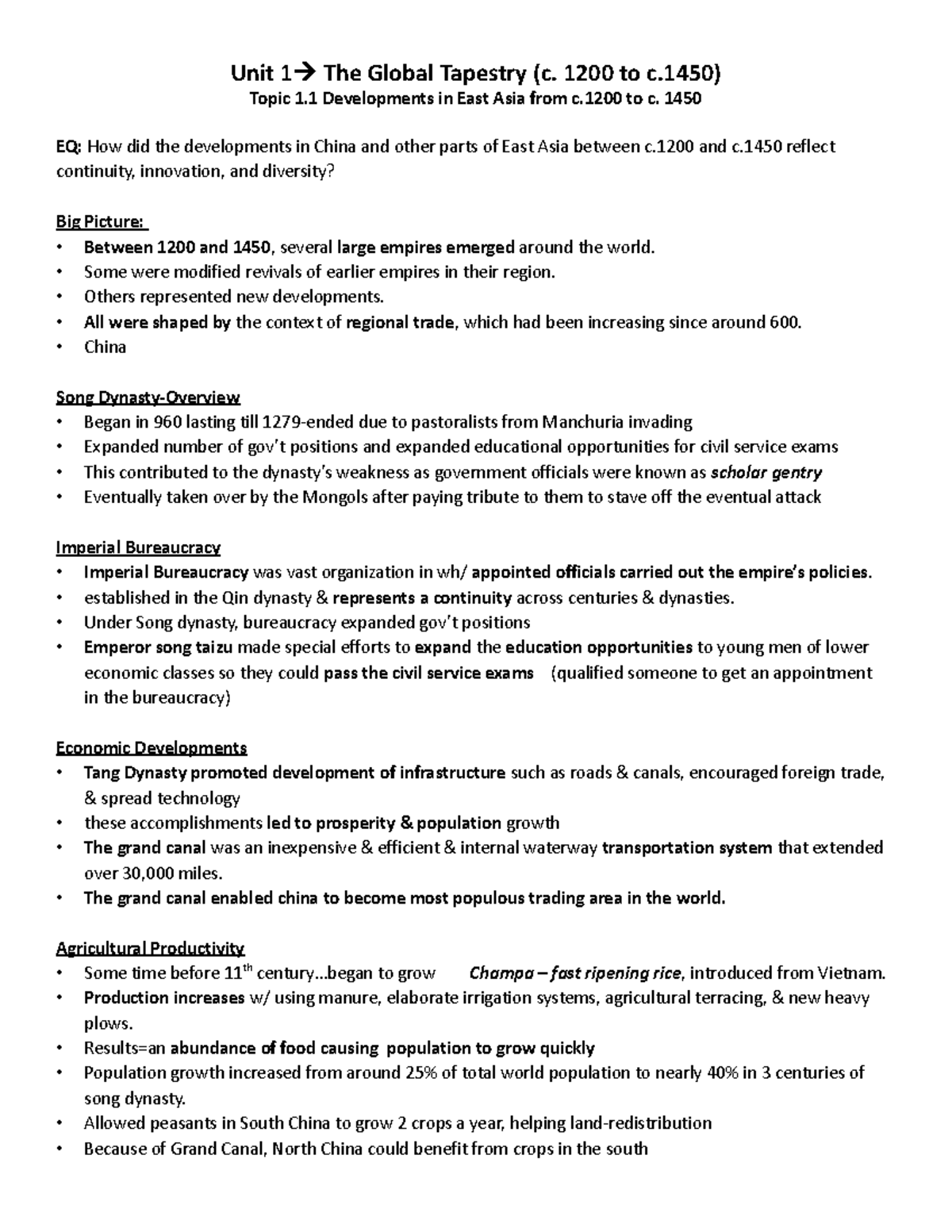 1.1 Student Notes Unit 1 The Global Tapestry (c. 1200 to c) Topic 1