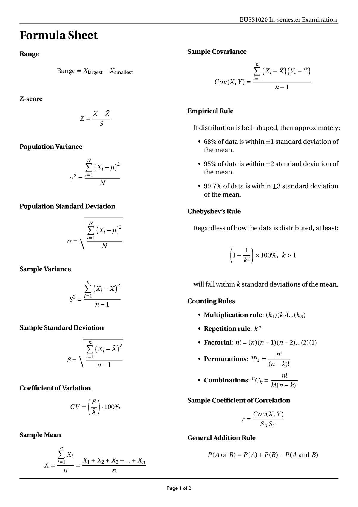 BUSS1020 midsem Exam Formula sheet - BUSS1020 In-semester Examination ...