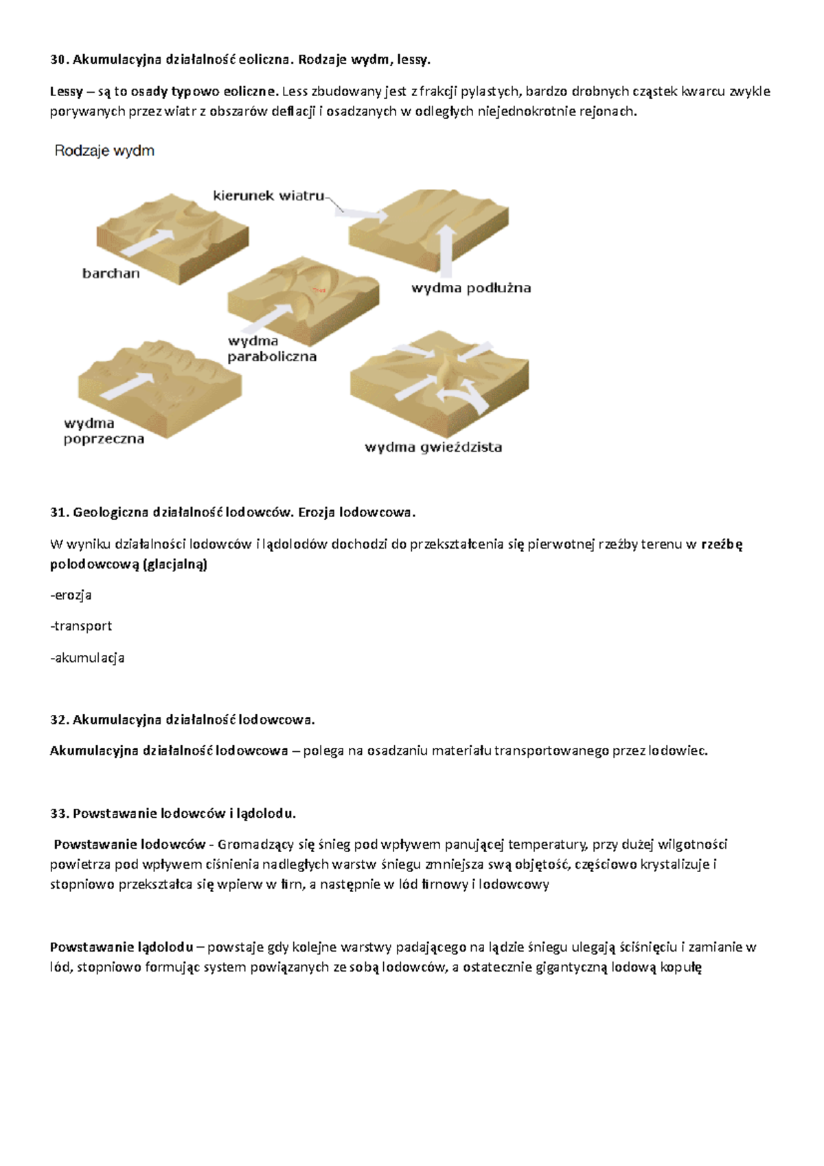 Lessy Geologia - Akumulacyjna działalność eoliczna. Rodzaje wydm, lessy ...