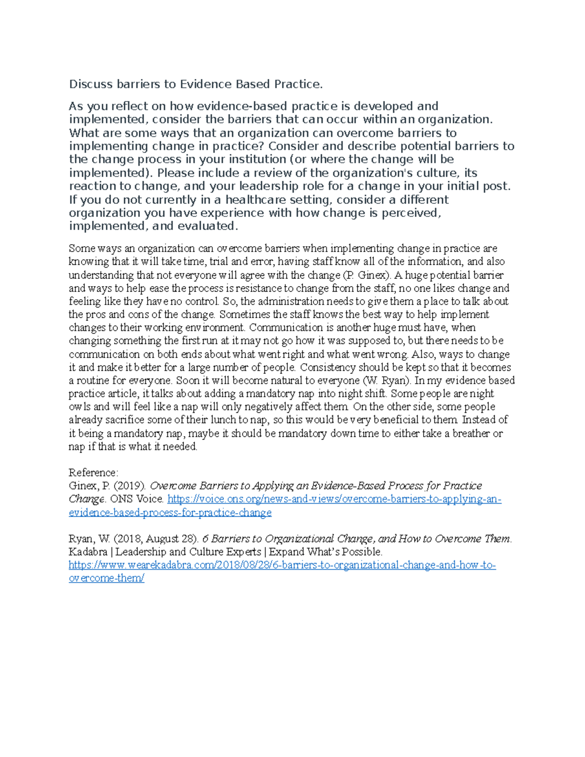 Barriers to Evidence Based Practice and Overcoming Them - Studocu