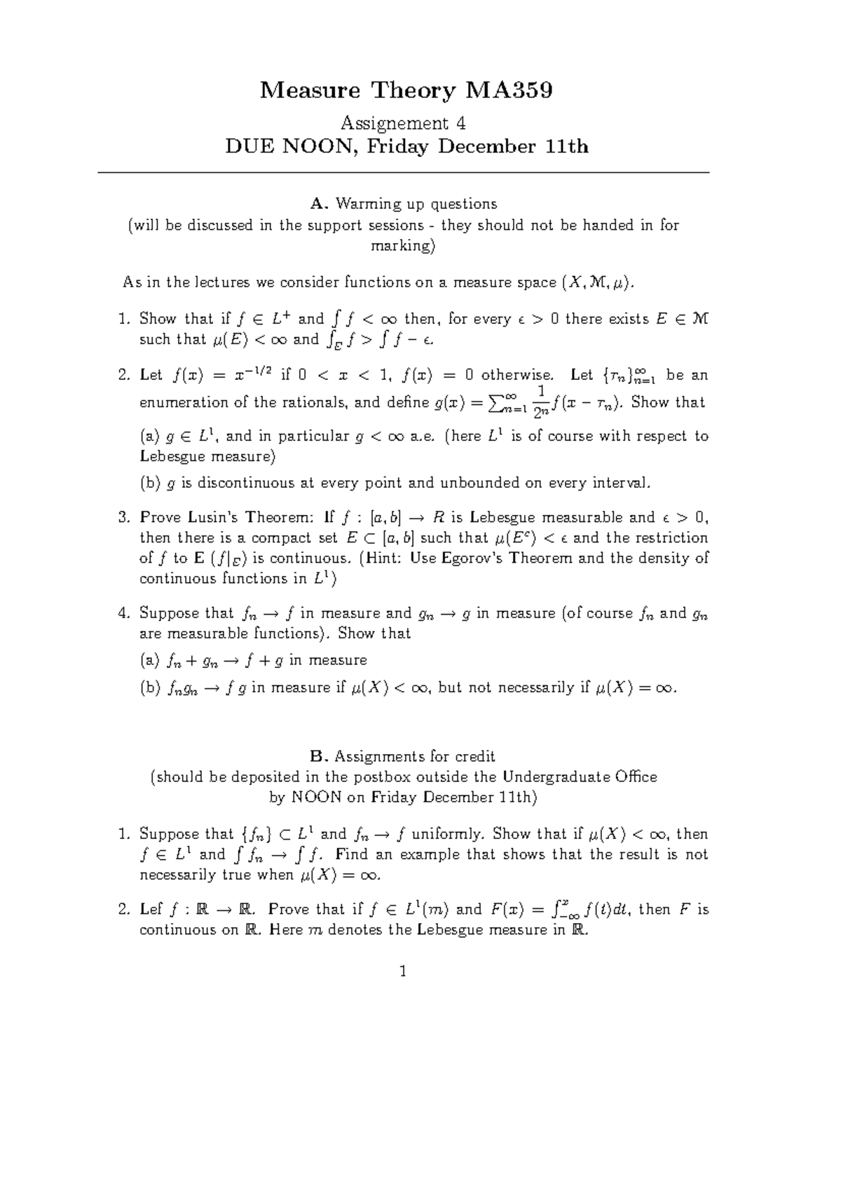 Ma359 09 10 Assignment 4 Measure Theory Ma359 Assignement 4 Due Noon Friday December 11th A Studocu