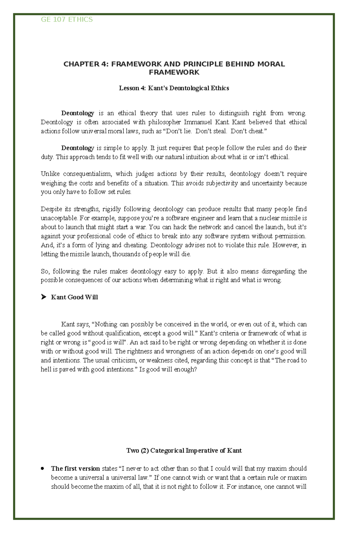 Kant S Deontological Ethics Ge 107 Ethics Chapter 4 Framework And