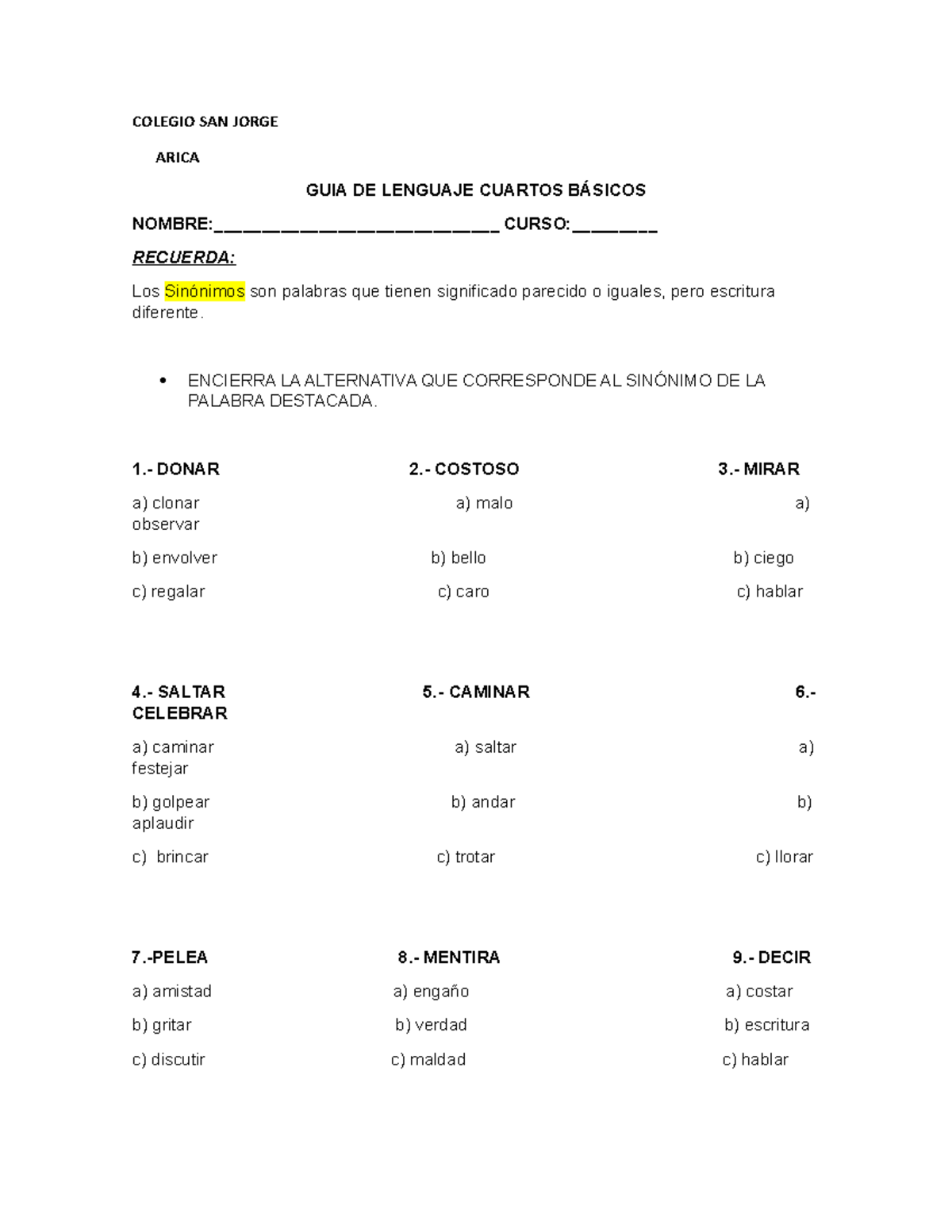 4° Básico Lenguaje Guia De Sinonimos Y Antonimos 7 Y 8 Mayo Colegio San Jorge Arica Guia De