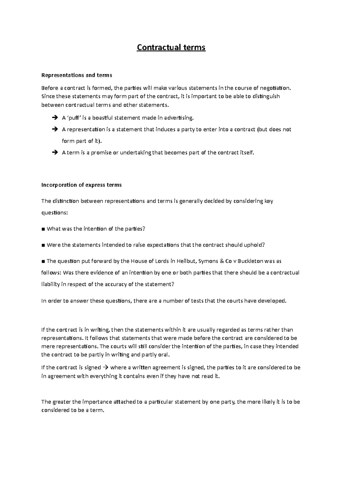 Chapter 4 contract law - terms - Contractual terms Representations and ...