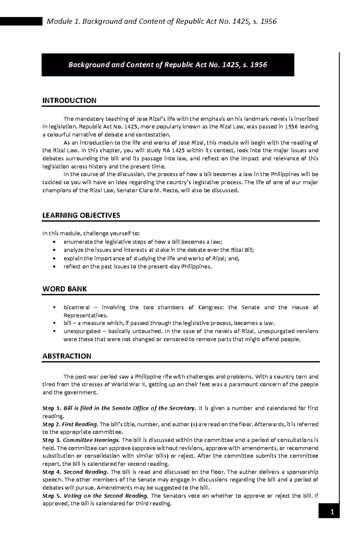 Module 1 None Background and Content of Republic Act No. 1425, s