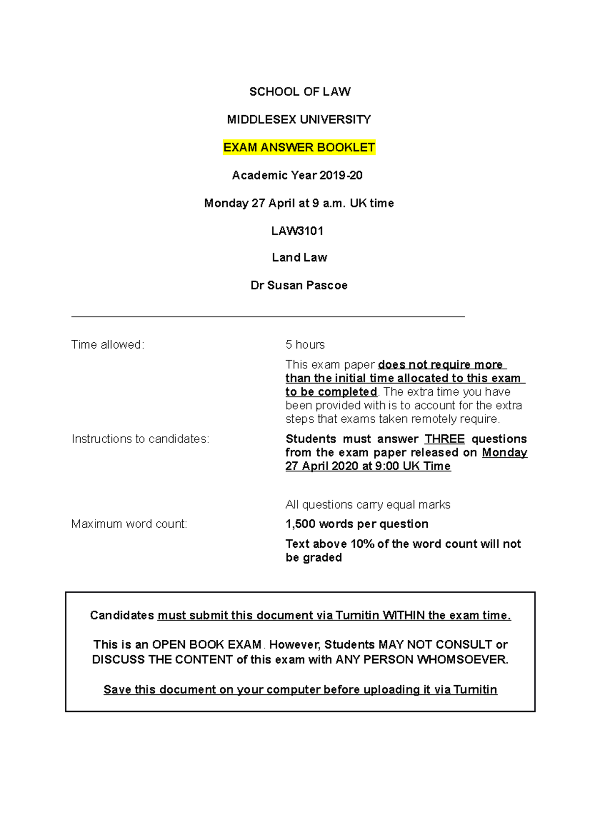 Land Law Exam 2020 3 Q and A SCHOOL OF LAW MIDDLESEX UNIVERSITY