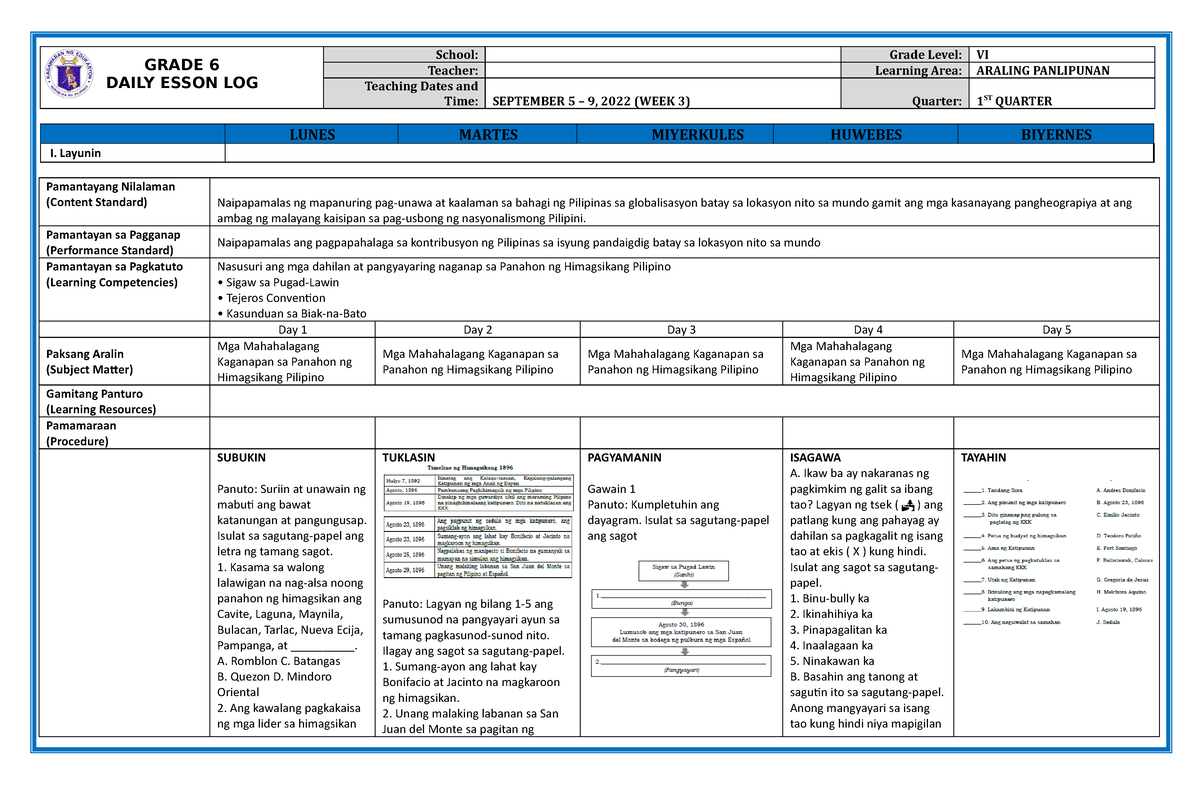 MELC Based DLL Quarter 1 WEEK 3 GRADE 6 DAILY ESSON LOG School