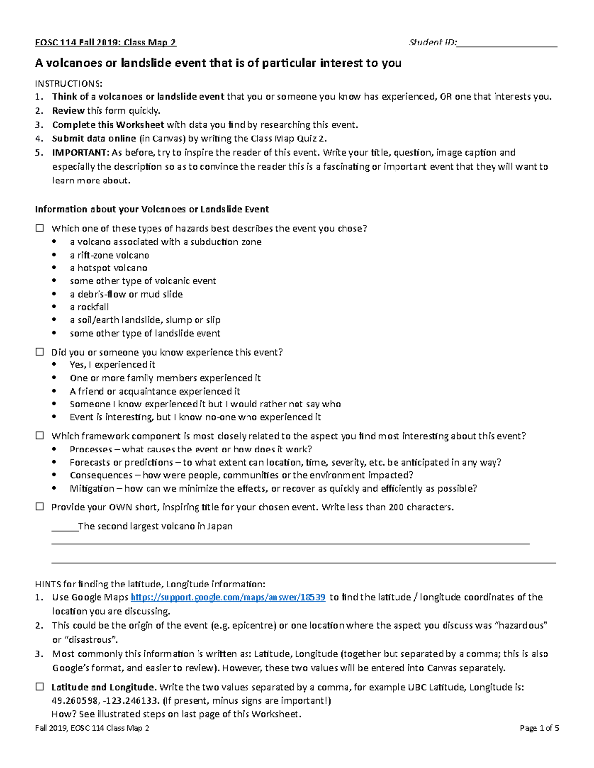 EOSC114 Class Map2-Fall2019 - EOSC 114 Fall 2019: Class Map 2 Student ...