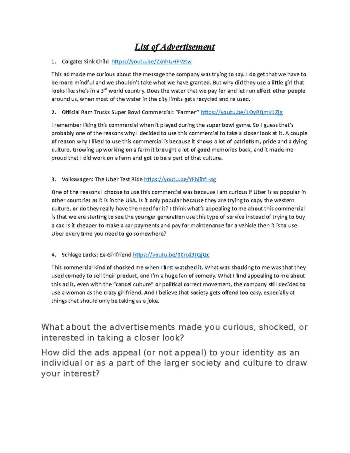 List of Advertisement I used for the course List of Advertisement