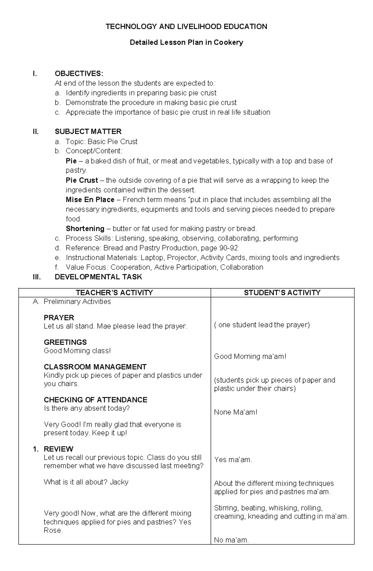 Pie crust dlp - TECHNOLOGY AND LIVELIHOOD EDUCATION Detailed Lesson ...