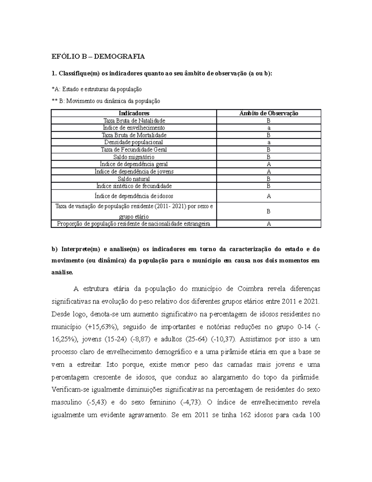 Efólio B - Demografia - Prático - EFÓLIO B – DEMOGRAFIA Classifique(m ...