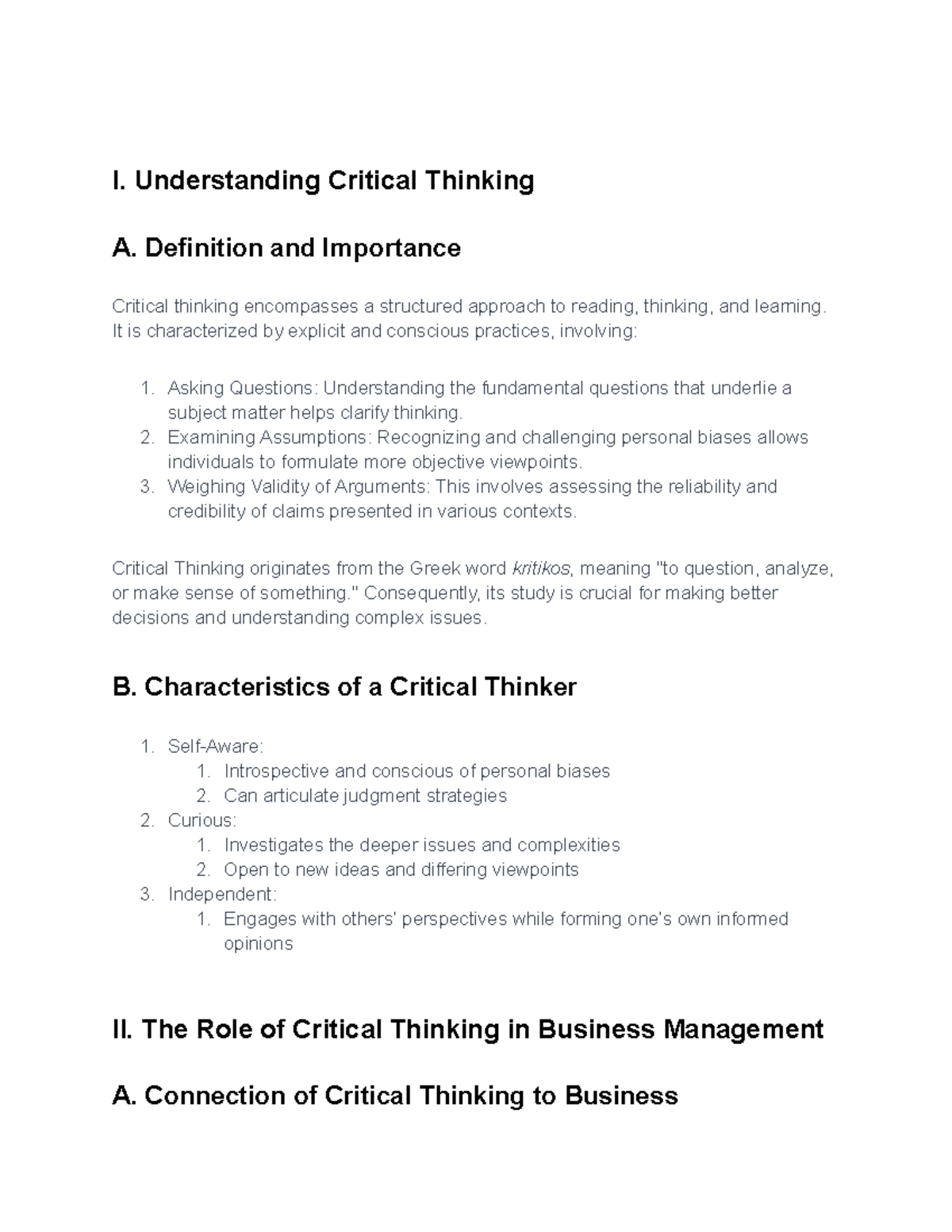 Lecture 1 ADMS1010 - I. Understanding Critical Thinking A. Definition ...