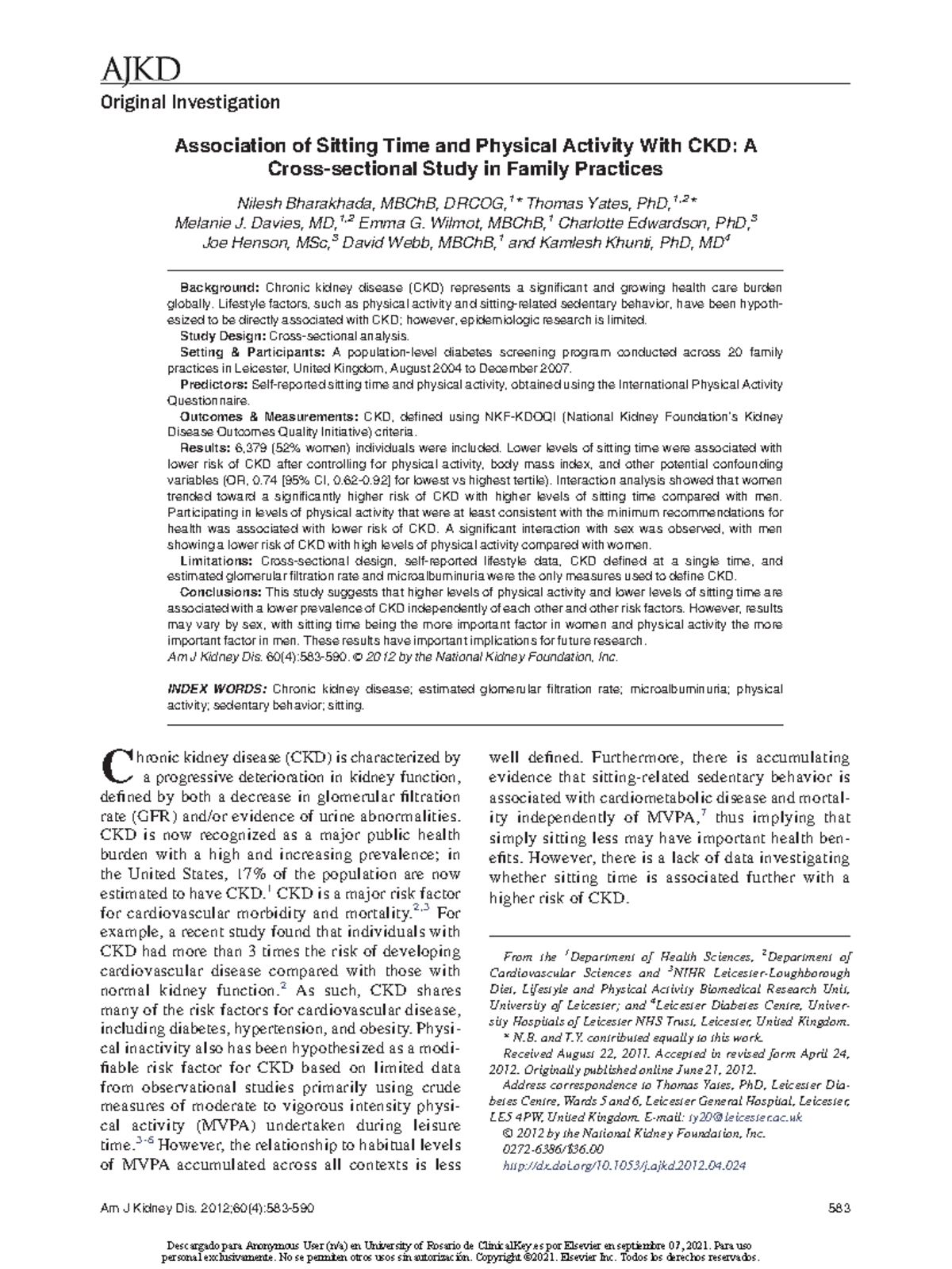 Association of sitting time and physical activity with CKD - Original ...