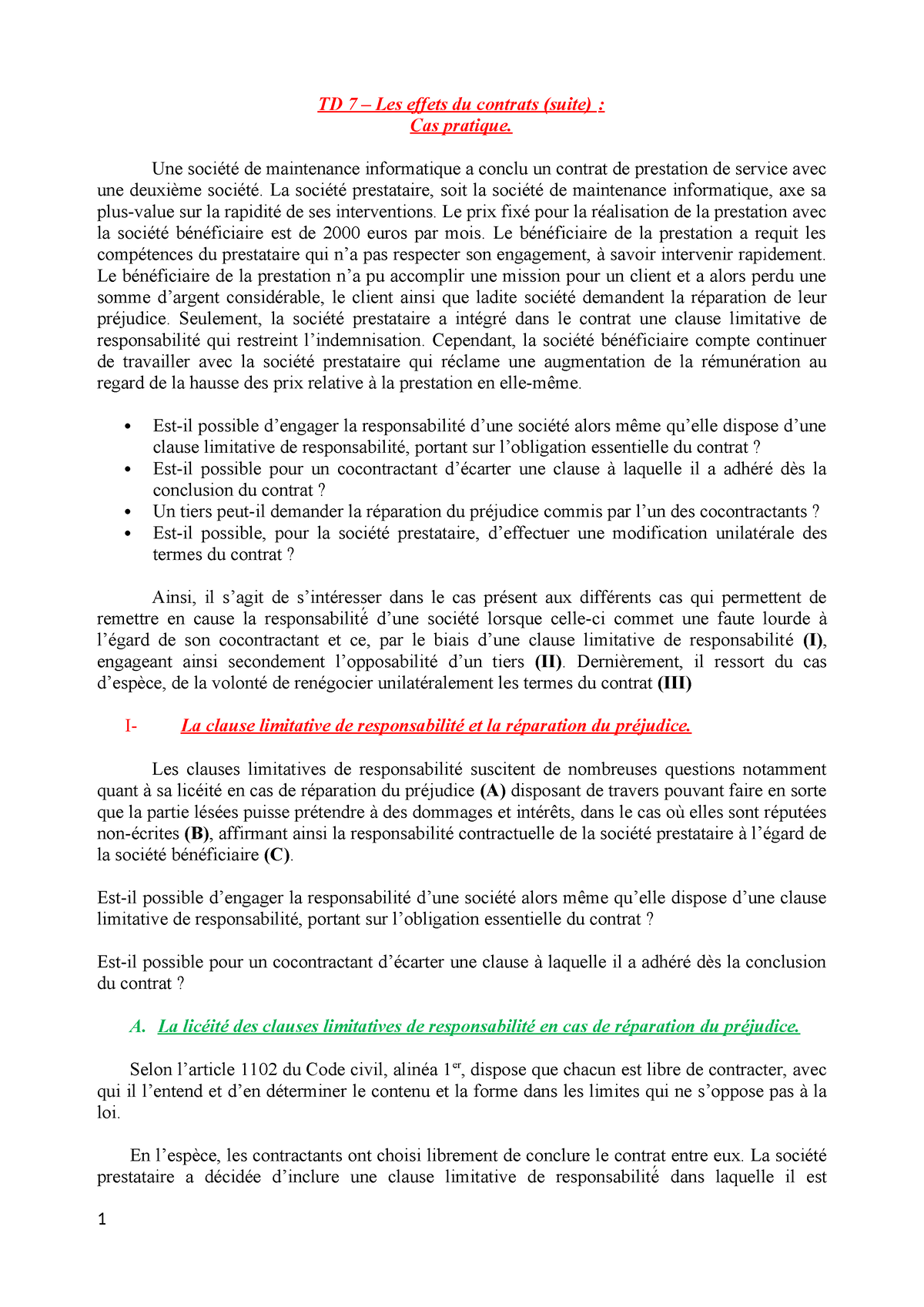 Cas Pratique Les Effets Du Contrat Td Les Effets Du Contrats