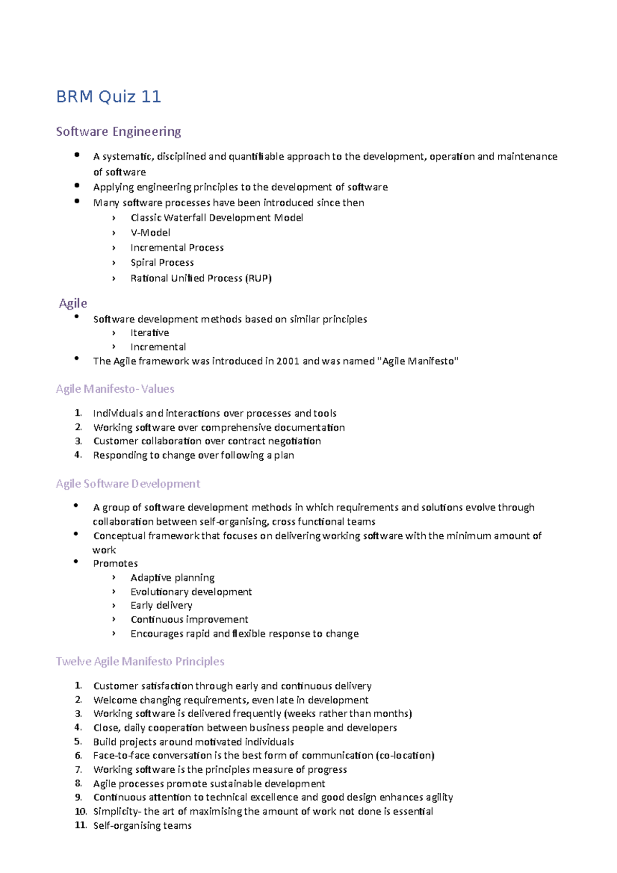 BRM Quiz 11 Notes - BRM Quiz 11 Software Engineering Agile A systematic ...