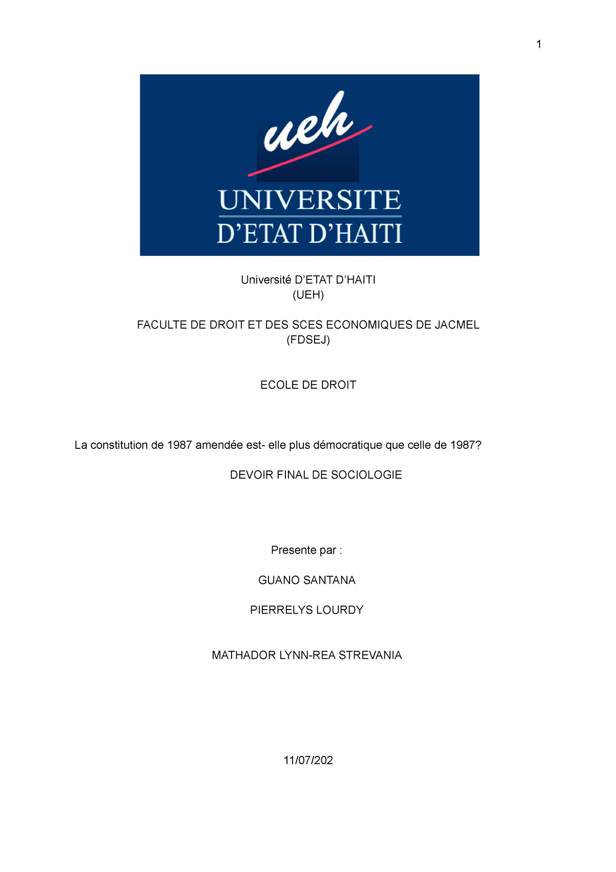 Devoir Ronald andrice - Université D’ETAT D’HAITI (UEH) FACULTE DE ...