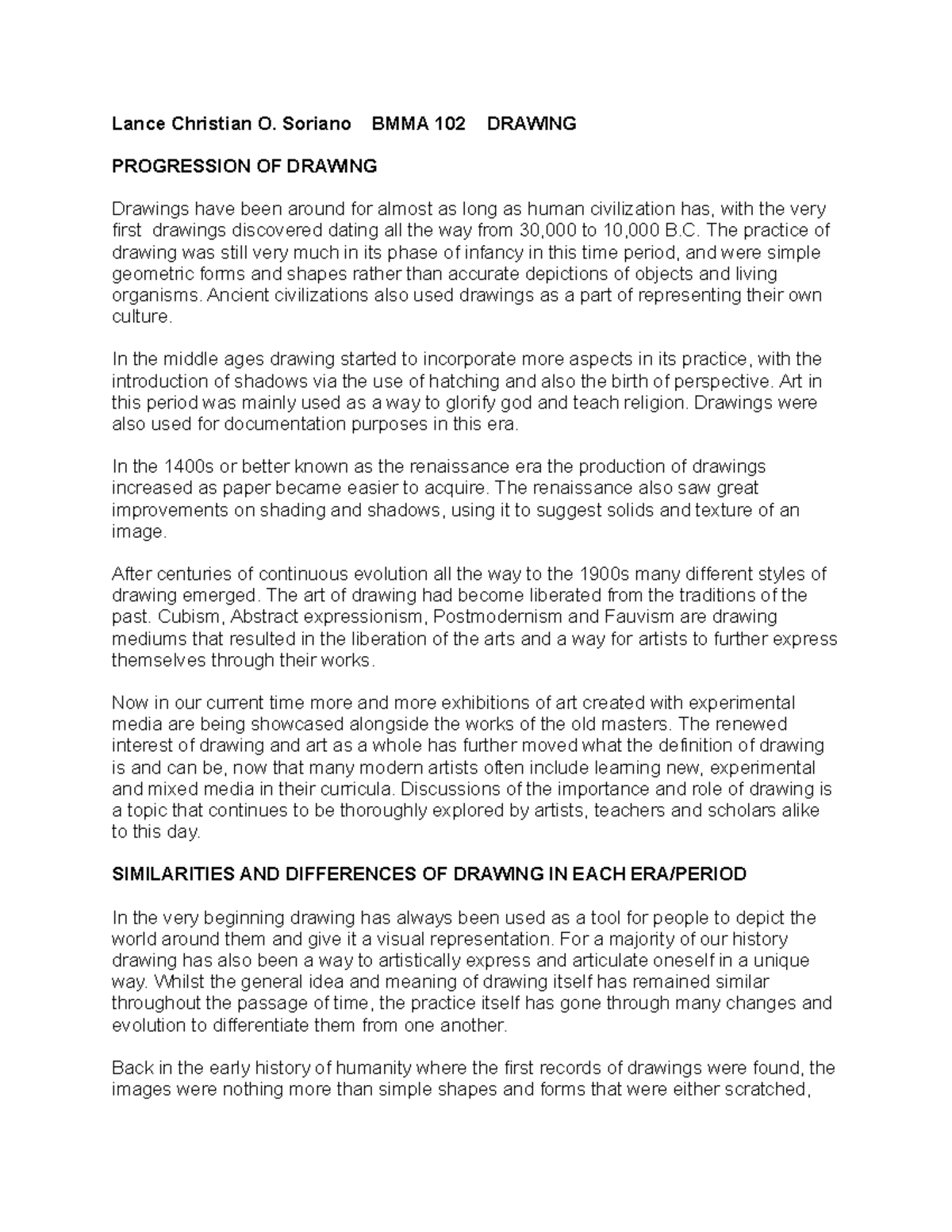 Drawing Essay - Lance Christian O. Soriano BMMA 102 DRAWING PROGRESSION ...