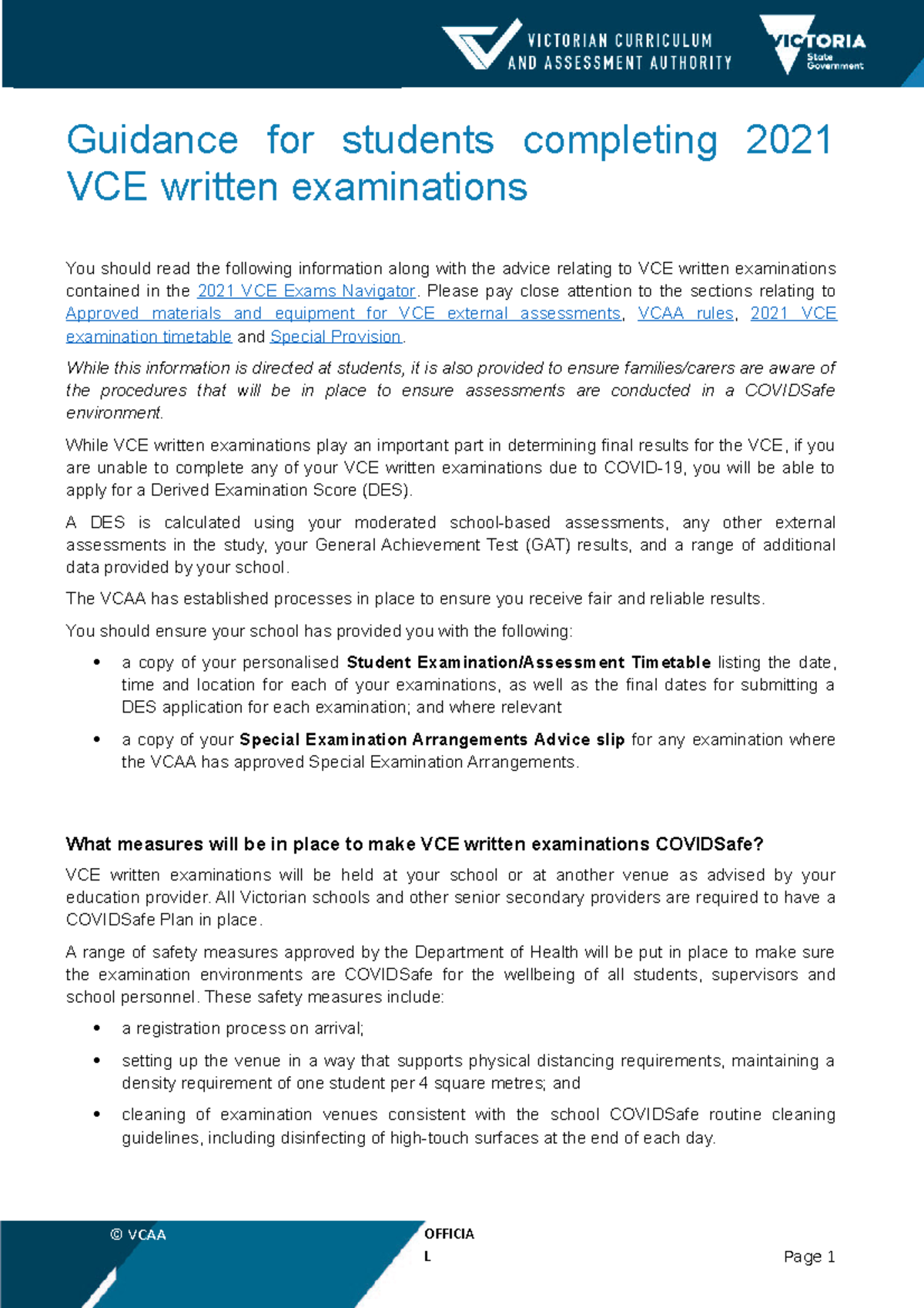 VCEWritten Examination Guidance For Students Factsheet 2021 - Guidance ...