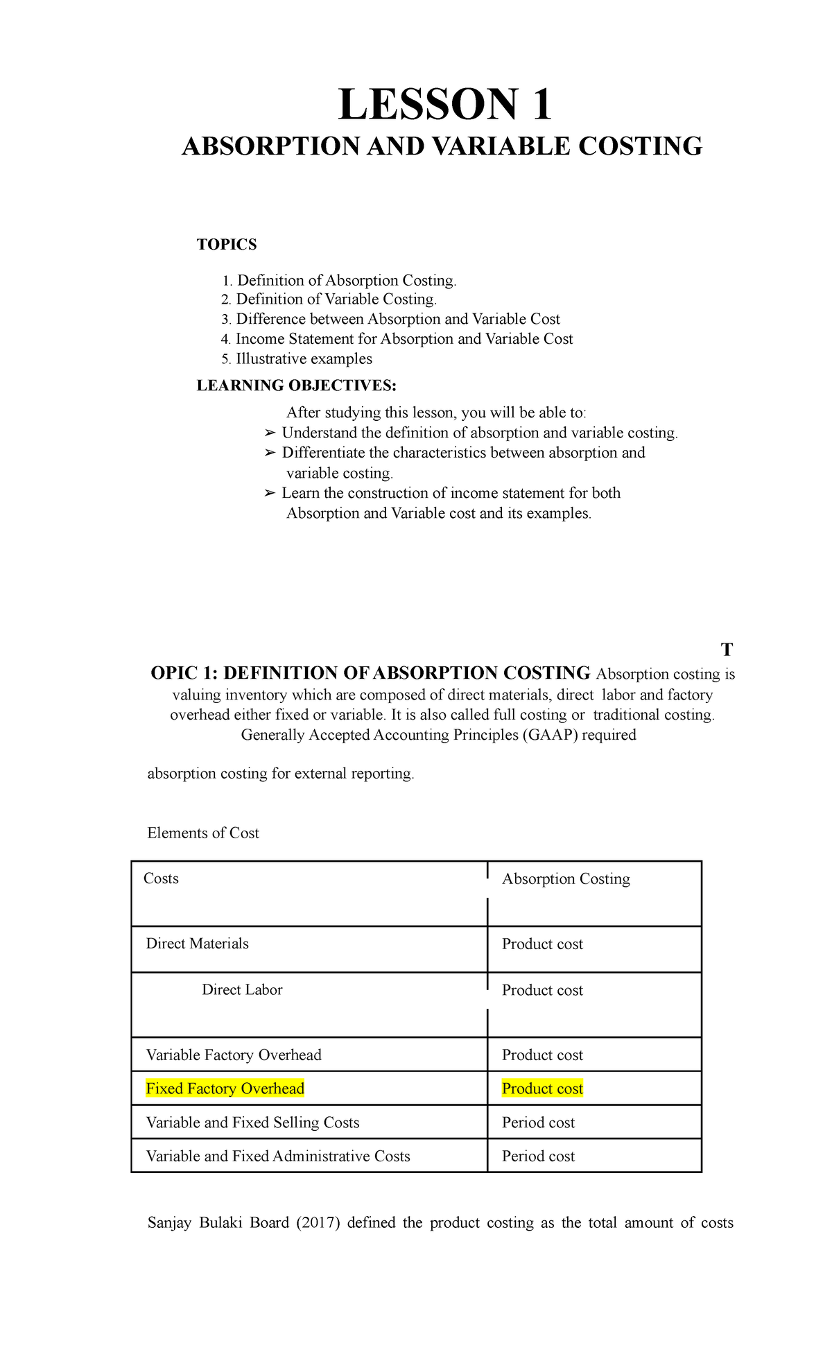 Lesson 1 Absorption and Variable 2 9 - BS Accounting Tech - OMSC - Studocu