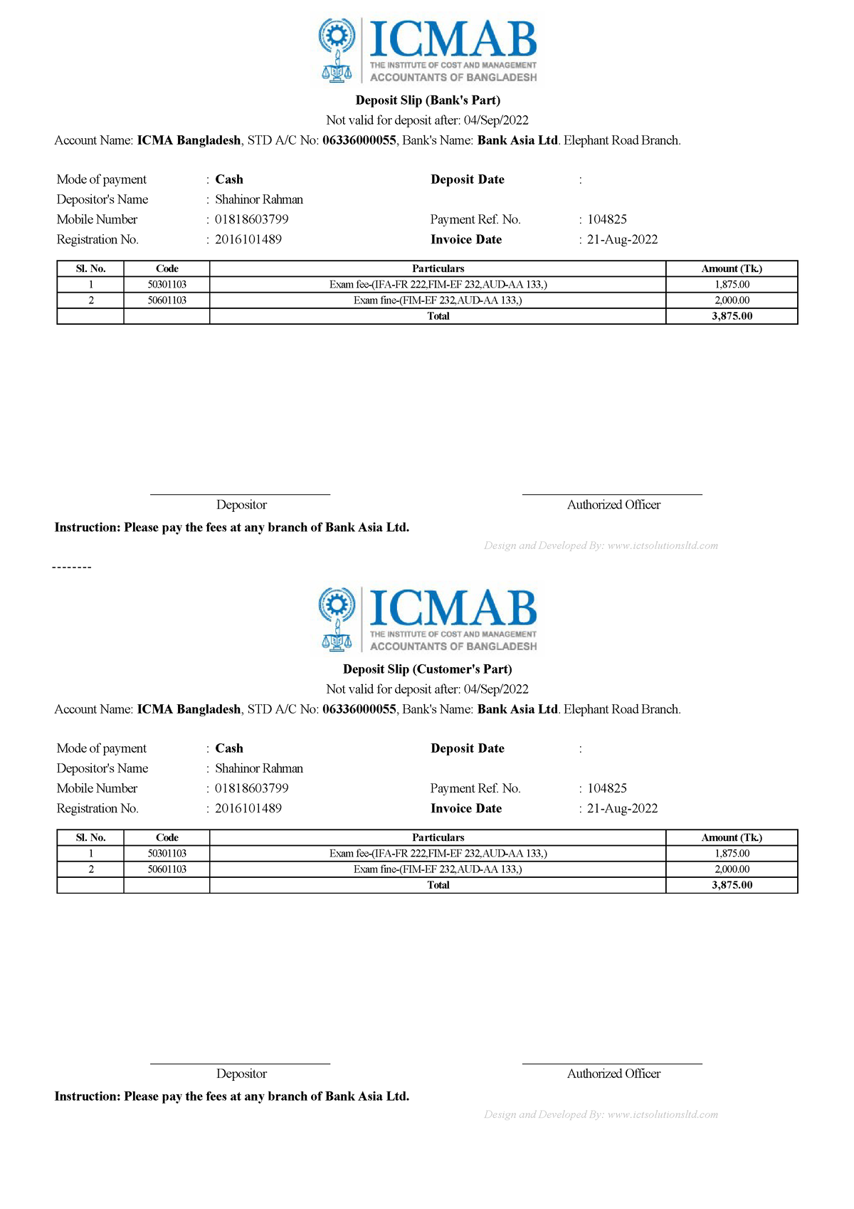 Icmab EXAM - it is my document - Deposit Slip (Bank's Part) Not valid ...