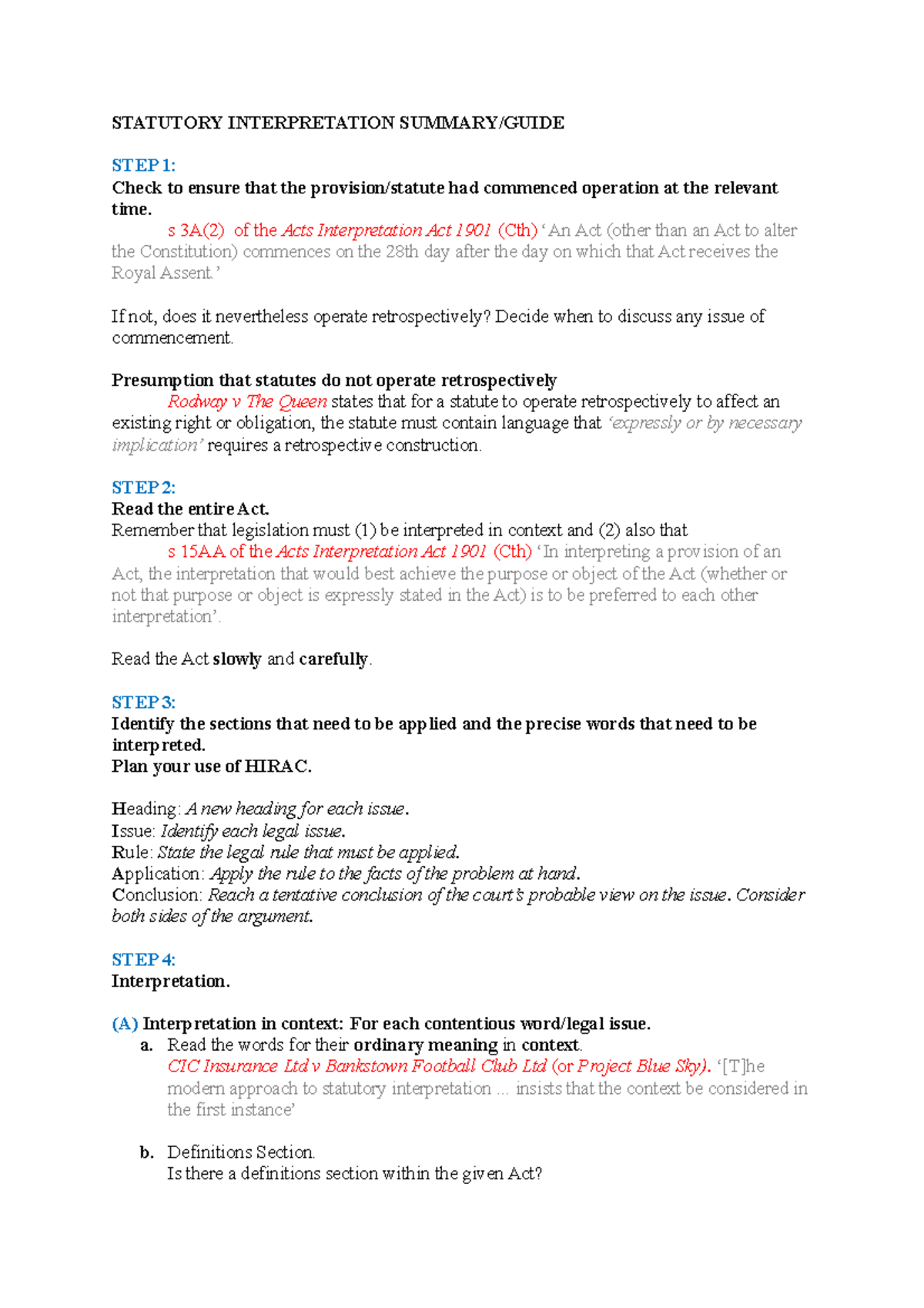 FAL SI Guide:Summary - Statutory Interpretation Guide - STATUTORY ...