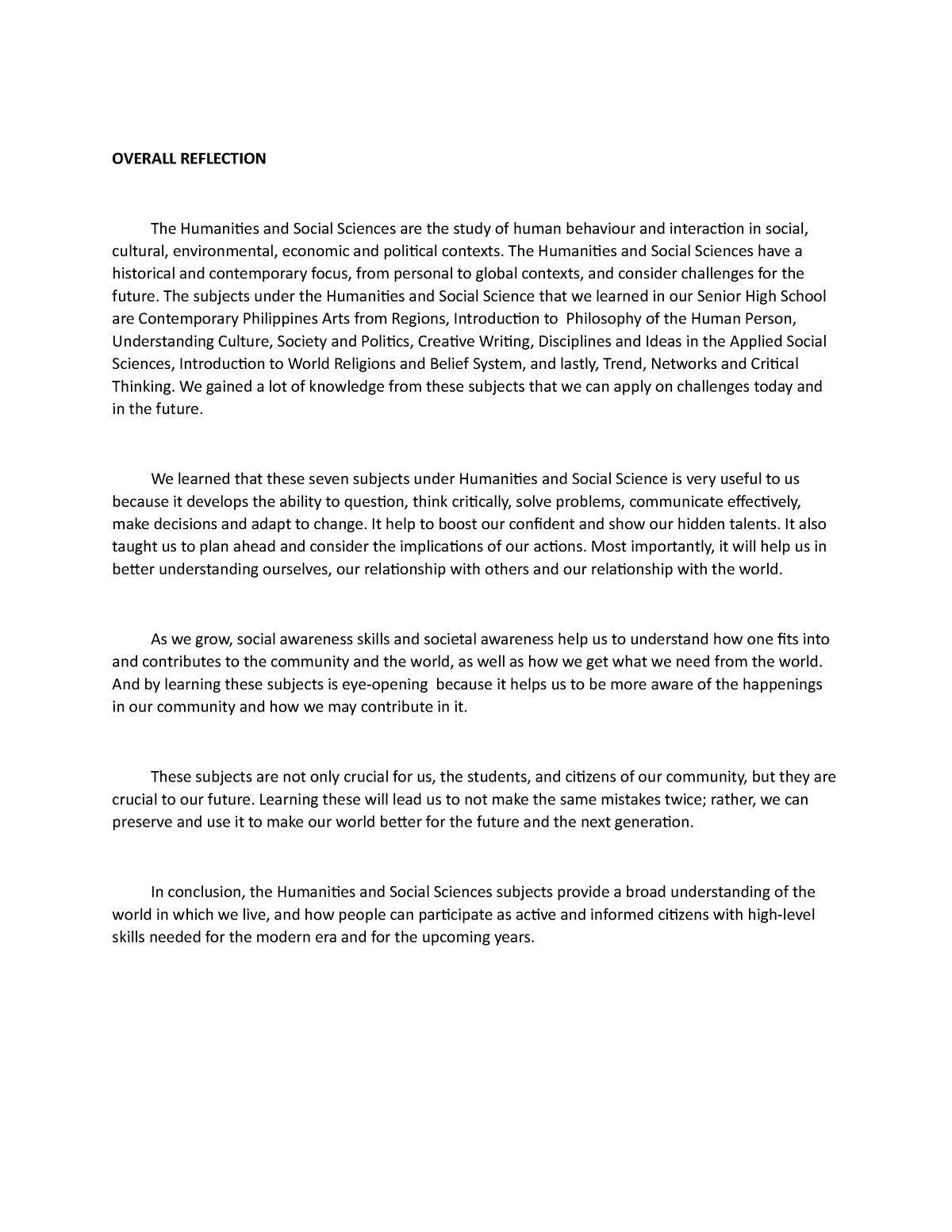 Reflection ( Concept Paper) - OVERALL REFLECTION The Humanities and ...
