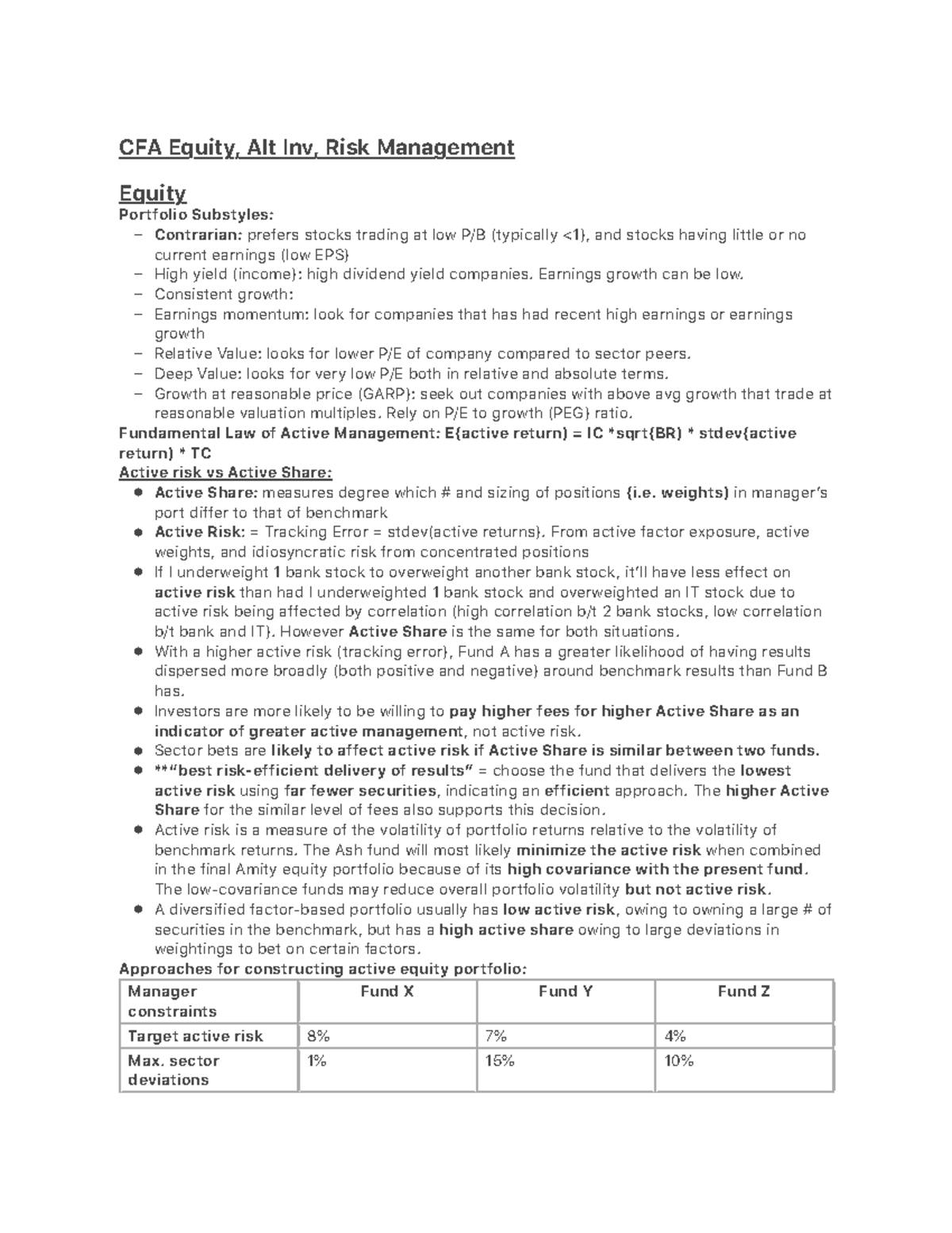 CFA Equity, Alt Inv, Risk Management CFA Equity, Alt