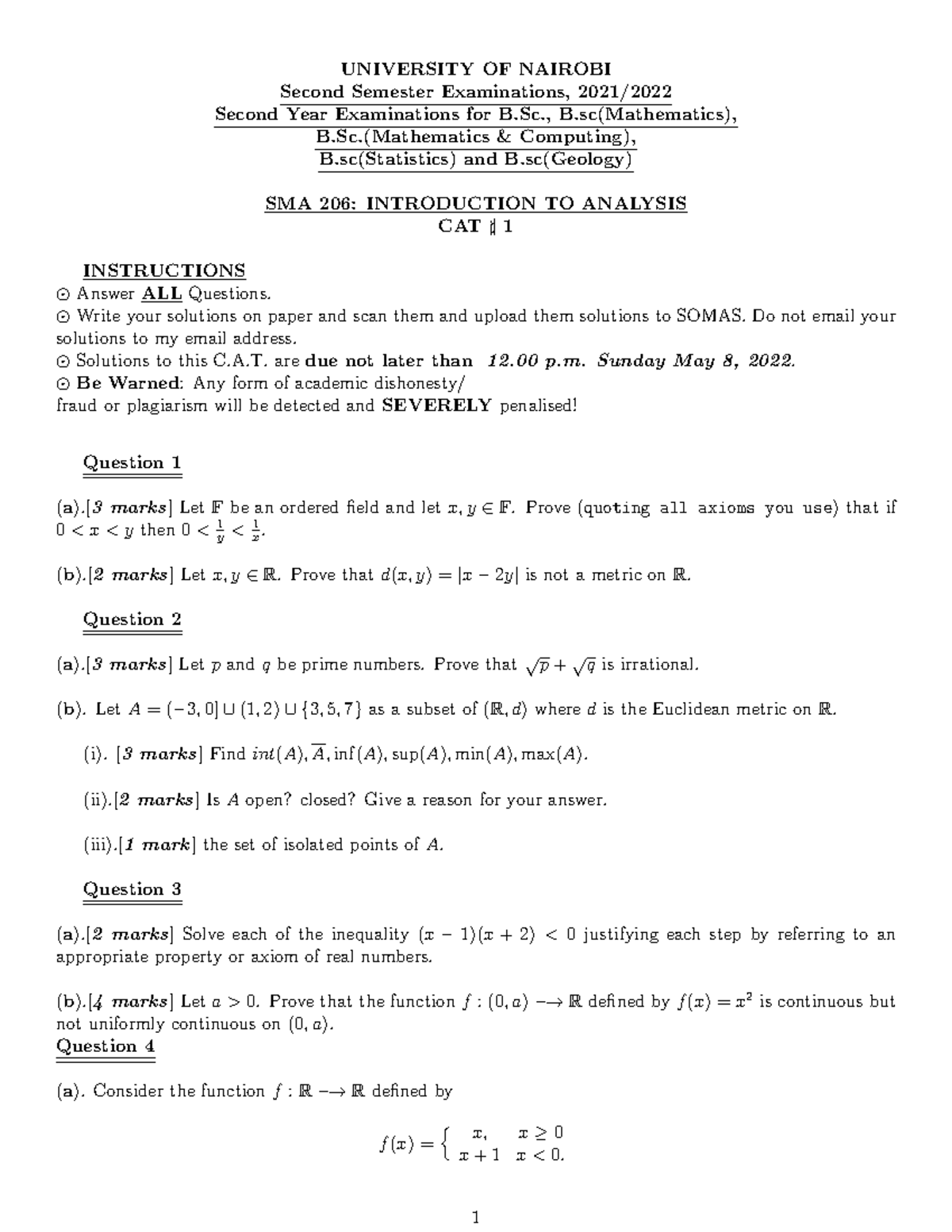 SMA 206 CAT 1 Science MAY 2022 - Second Semester Examinations, 2021 ...