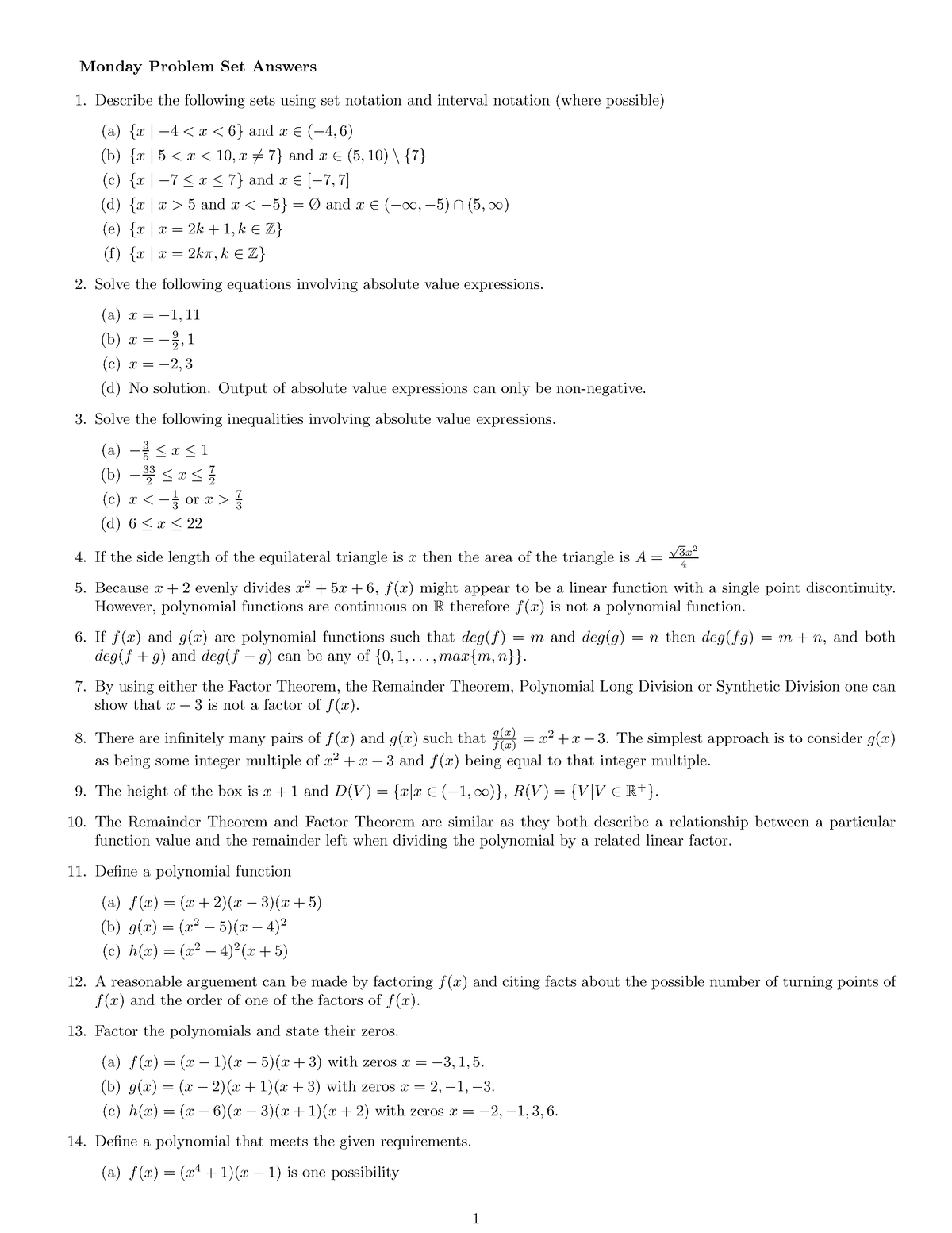 Monday Problem Set Solutions Monday Problem Set Answers Describe The Following Sets Using 3413